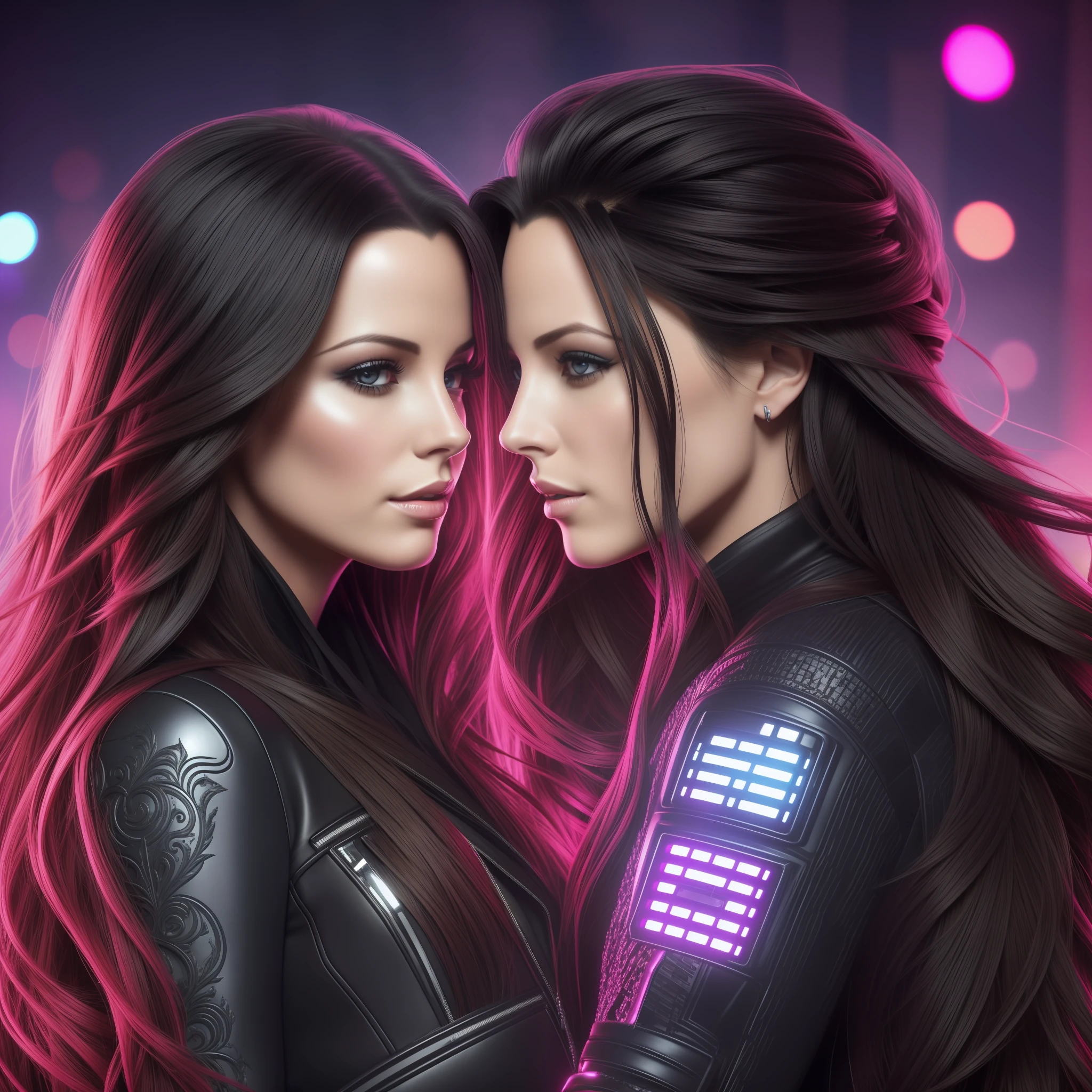 Couple kissing. Kate Beckinsale and Johnny Depp. Rave, DJ, Party, eletronic music, music, city lights (with incredibly intricate, ultra-detailed, CG, 8k wallpaper-like, long black hair), (masterpiece), (realistic), (photorealistic: 1.2), (raw photo: 1.2), (best quality: 1.2), (detailed face: 1.4), (beautifully detailed eyes: 1.2), (elaborate hair), face illuminated by light, enormous file size, dramatic cinematic lighting. rays of light emanating from her hands, strong and striking expression. She has fair skin, very smooth and fine, extremely long black hair. She is wearing an attractive futuristic black and red vinyl jumpsuit, cyber-punk style. --auto --s2