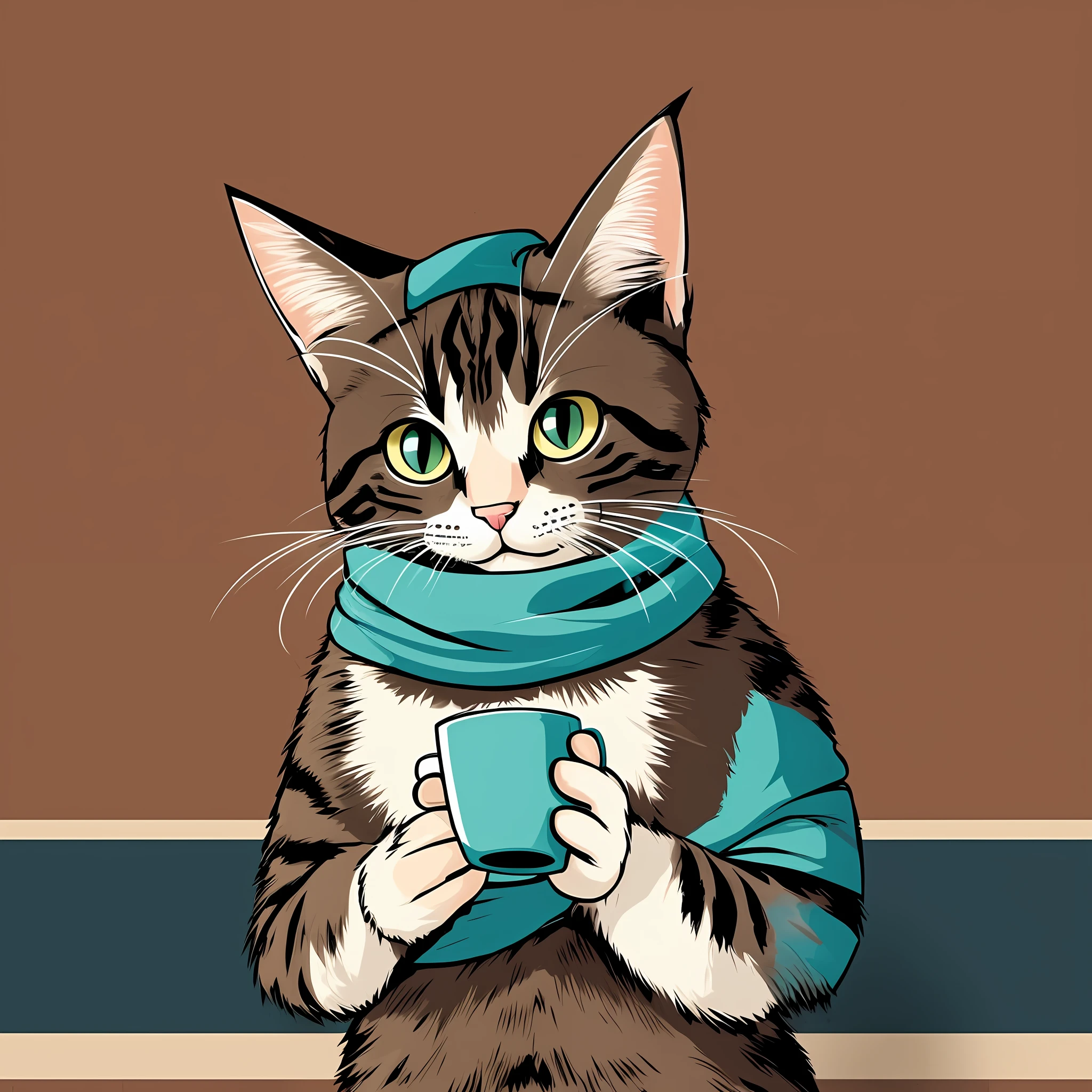 cartoon of a relaxed cat with a scarf and drinking a cup of coffee, retro vintage background --auto --s2