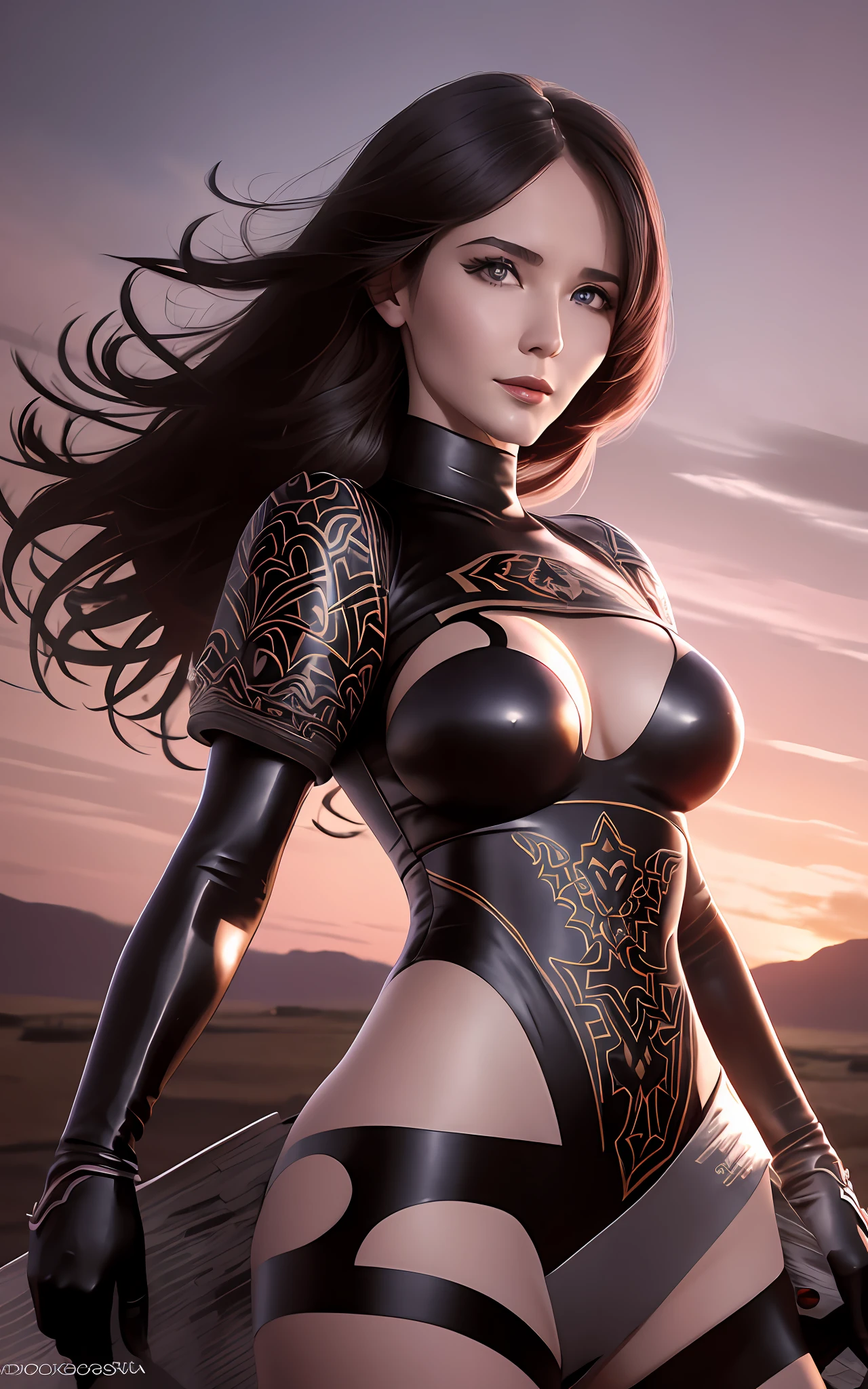 Natalia Vdovina, Natalia Steshenko, Natalia Oreiro, Natalia Gulkina, Natalia Vlasova, Natalia Kuznetsova, a girl with dark hair in fantastic clothes against the background of a futuristic landscape