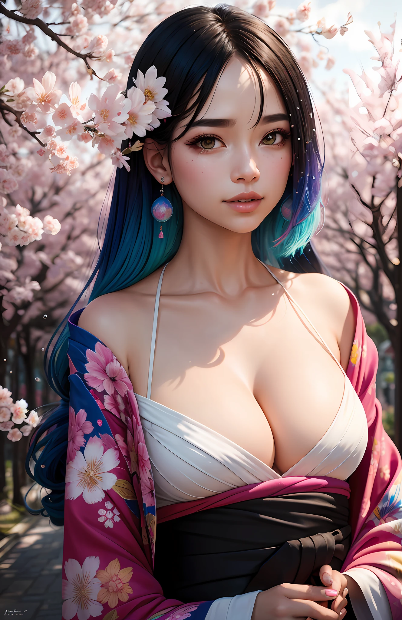 shukezouma, octane render, hdr, (hyperdetailed:1.15), (soft light, sharp:1.2), 1girl, beautiful girl, ultra detailed eyes, mature, plump, thick, painting drops, paint teardrops, woman made up from paint, entirely paint, splat, splash, long colored hair, kimono made from paint, ultra detailed texture kimono, paint kimono, paint bulb, exposed cleavage, sexy, paint drops, outdoors, exposed shoulders, sakura trees, tears, sexy