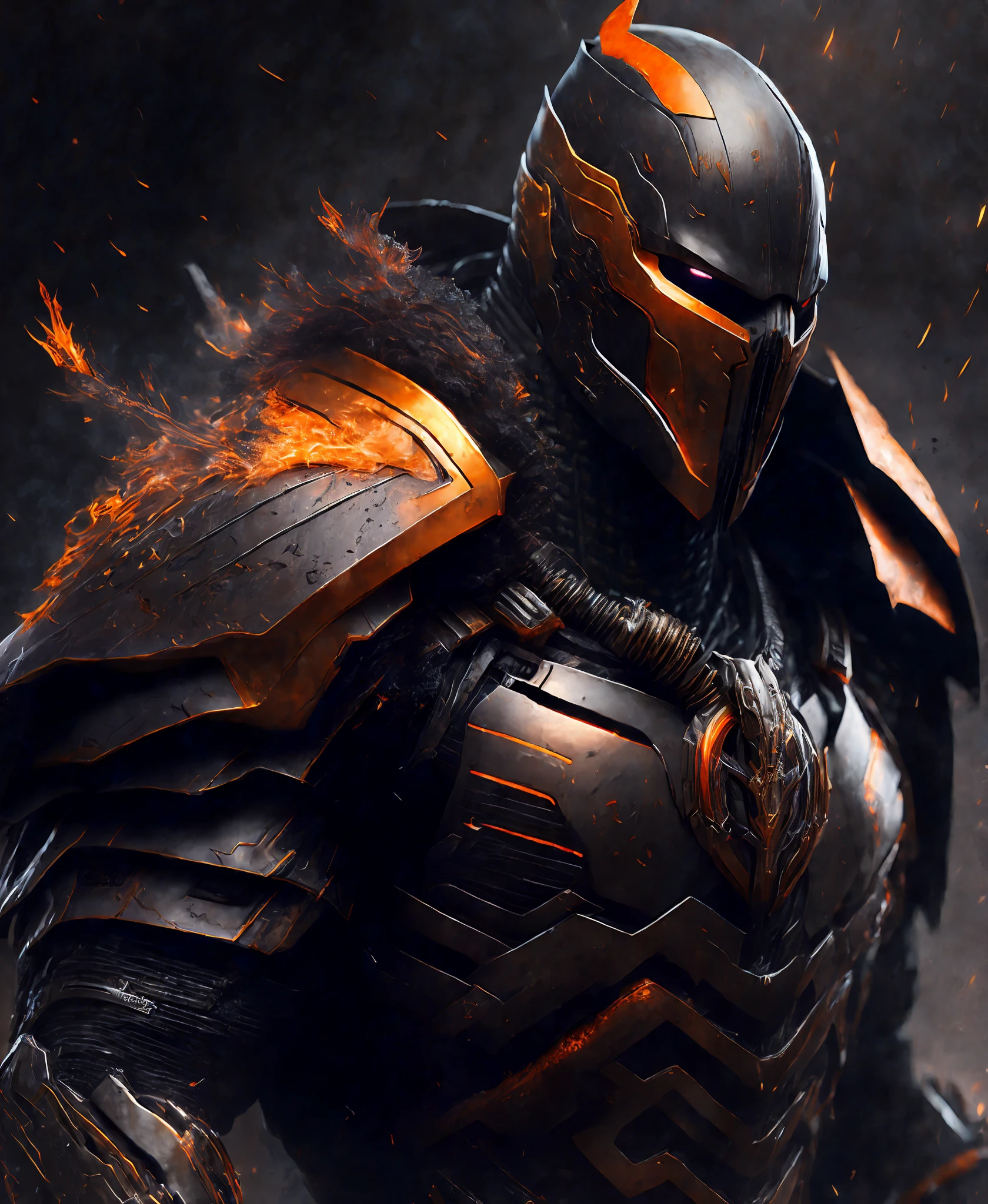 Close-up (Cyborg Deathstroke from DC in Viking style: 1.3) emerging from wet black mud, extremely detailed, smoke, sparks, metal shavings, flying debris, volumetric light