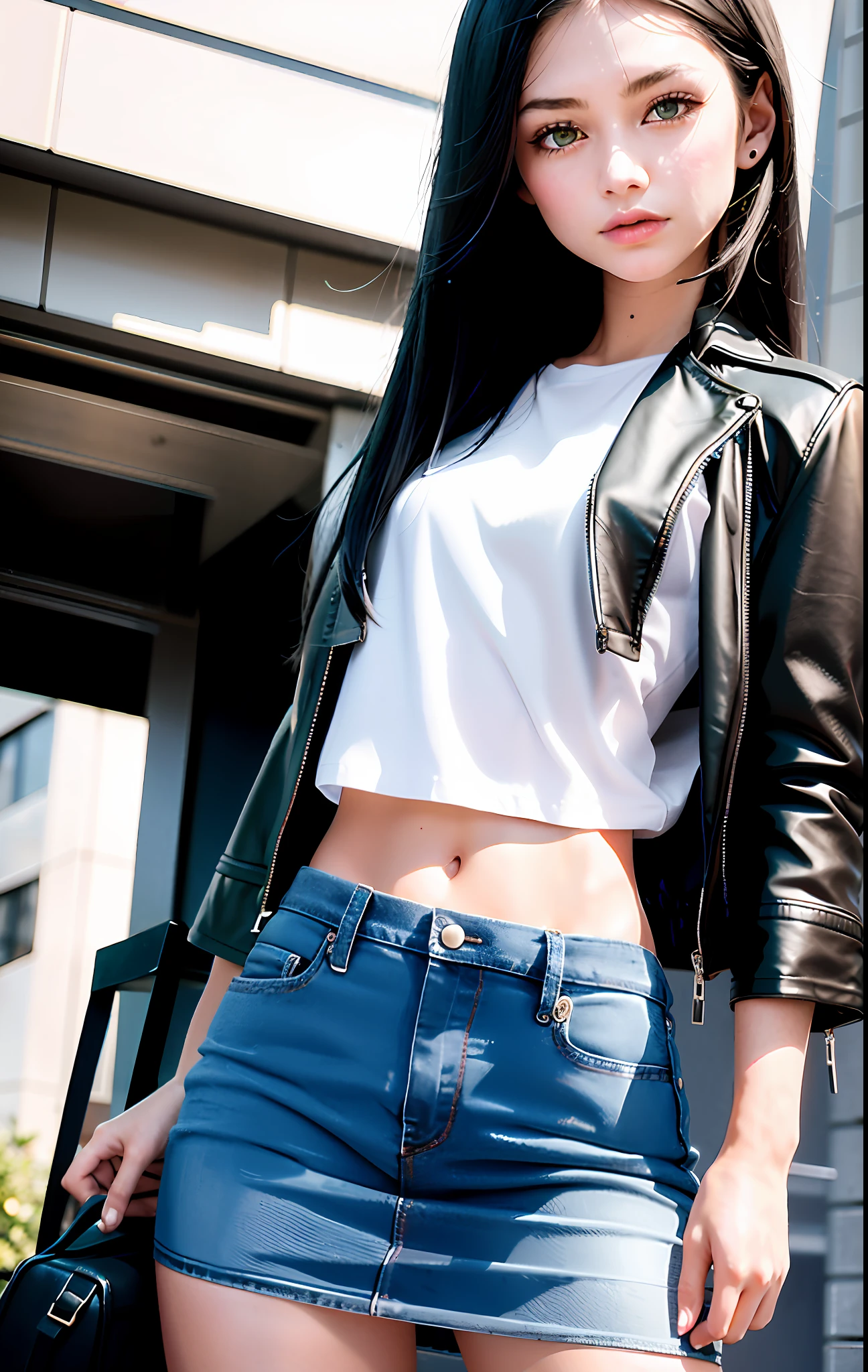Create a beautiful 20-year-old, realistic, long straight black hair, green eyes, perfect and delicate face, small and round breasts, athletic body, wearing a black denim skirt, short sports blouse, blue jeans and a black leather jacket.