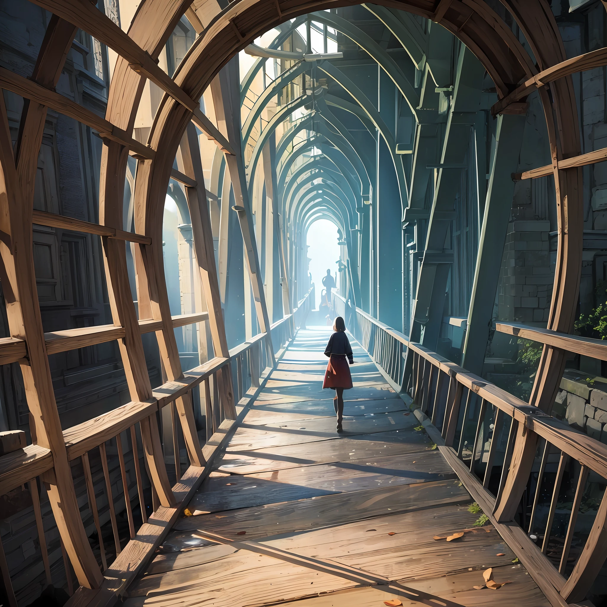 Night, twilight, arch, descent under the pavement, wooden barrel, realistic fantasy, dark horrors, wooden bridge, bridge arch --auto --s2