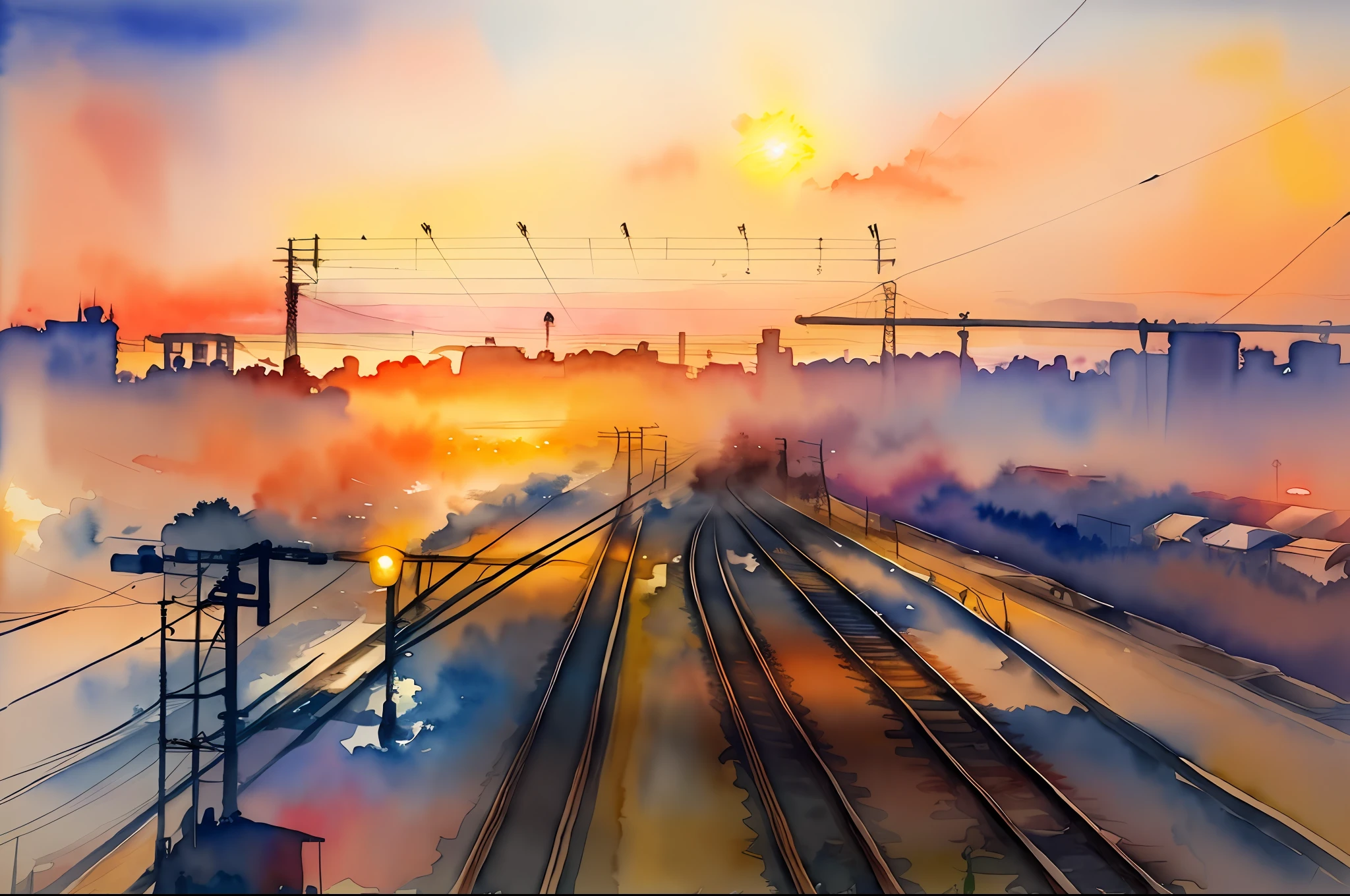 ( watercolor \(medium\), drawing, IrisCompiet:1.2),painting, landscape, sfw, tracks, railway, transmission lines, sunset,beautiful sky