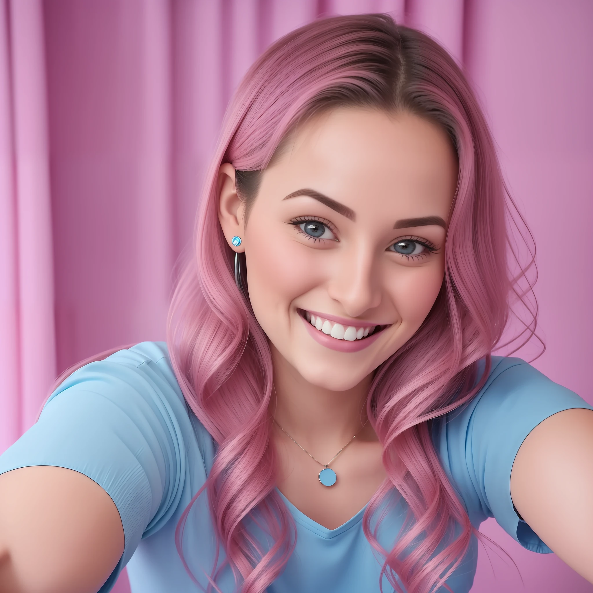 smiling woman in blue shirt with pink curtains in background, 30 years old woman, 3 0 years old woman, she expressing joy, she is smiling and excited, selfie of a young woman, without makeup, she is smiling, low quality video, face showing, she is smiling and happy, ayahausca, imane anys, with round face --auto --s2