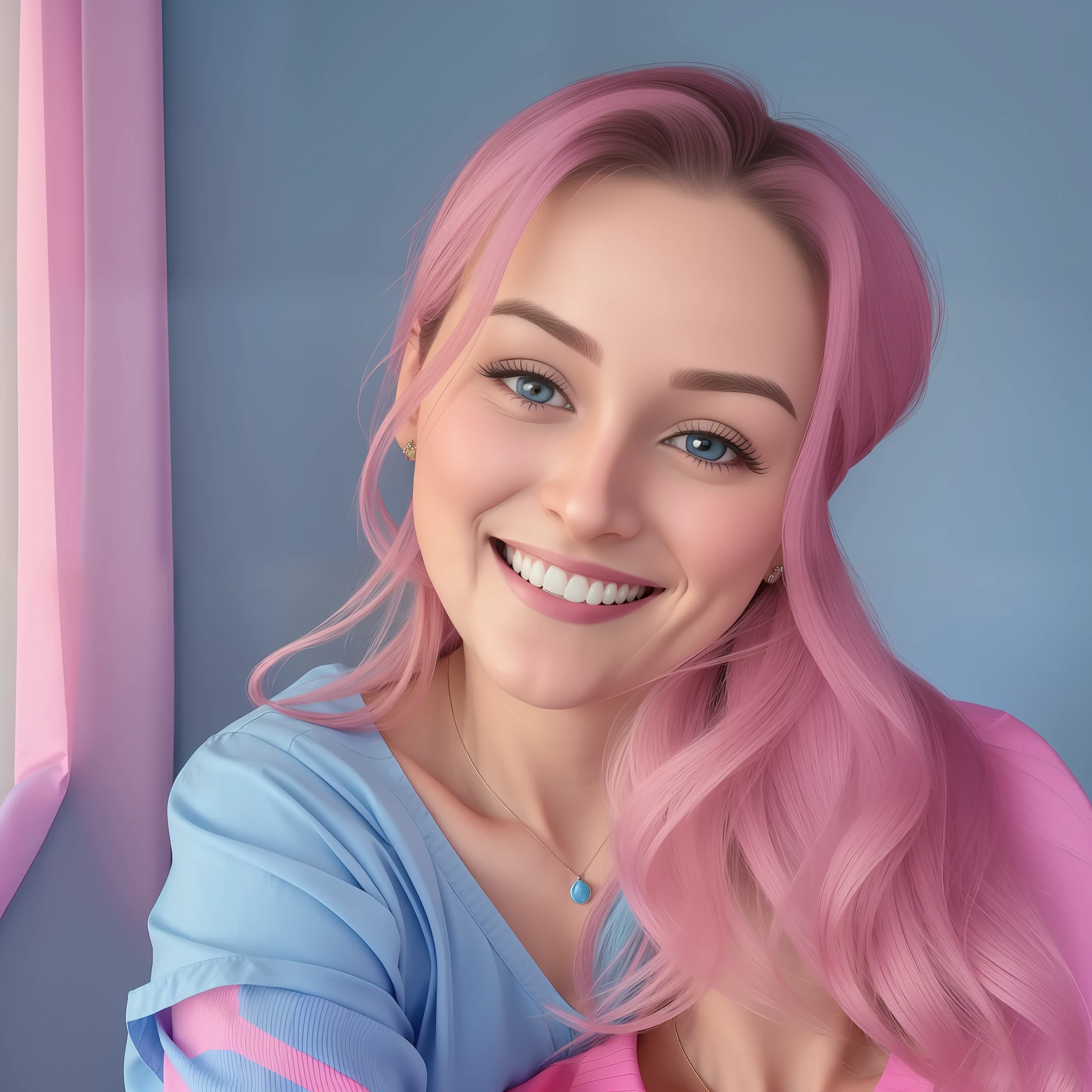 smiling woman in blue shirt with pink curtains in background, 30 years old woman, 3 0 years old woman, she expressing joy, she is smiling and excited, selfie of a young woman, without makeup, she is smiling, low quality video, face showing, she is smiling and happy, ayahausca, imane anys, with round face --auto --s2