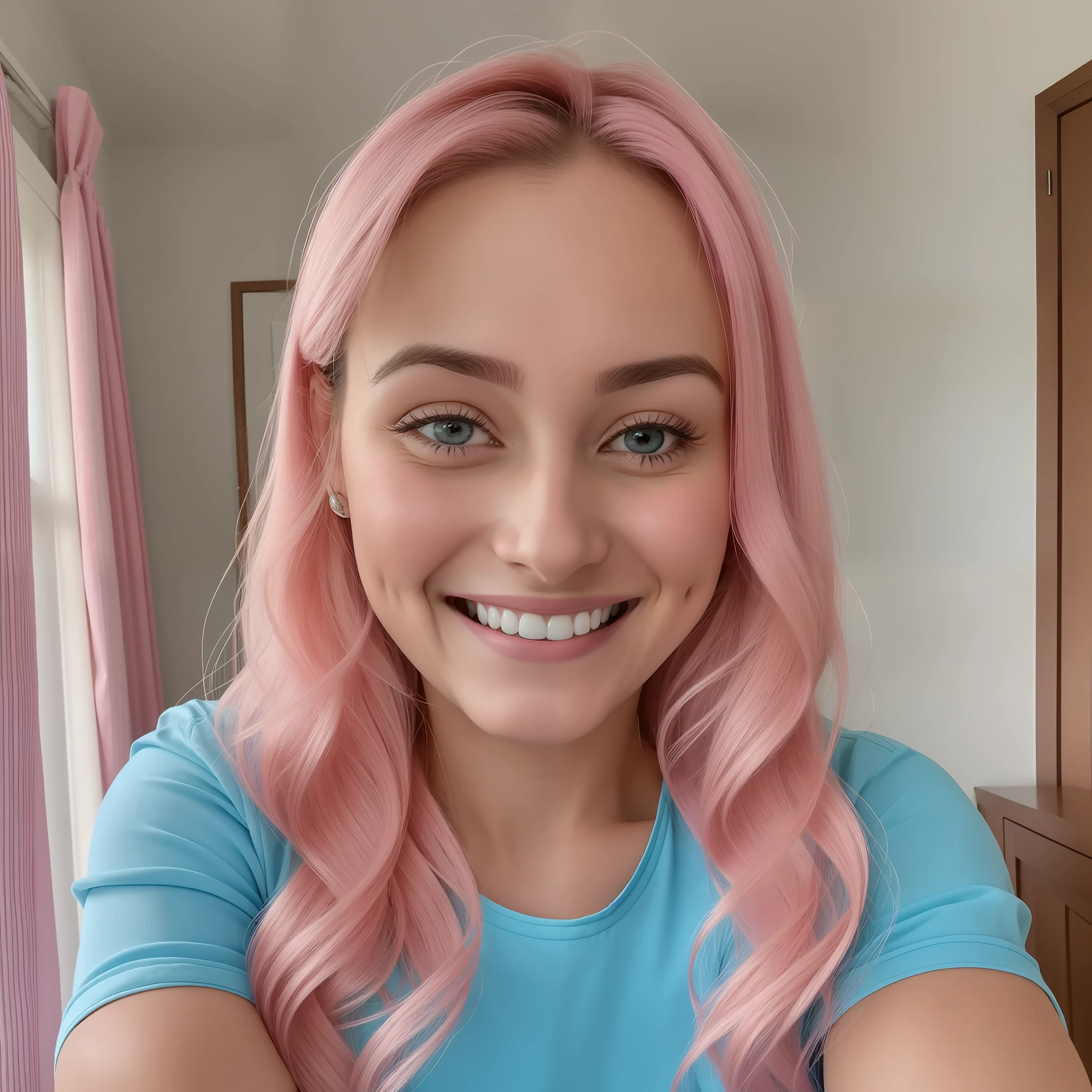 smiling woman in blue shirt with pink curtains in background, 30 years old woman, 3 0 years old woman, she expressing joy, she is smiling and excited, selfie of a young woman, without makeup, she is smiling, low quality video, face showing, she is smiling and happy, ayahausca, imane anys, with round face --auto --s2