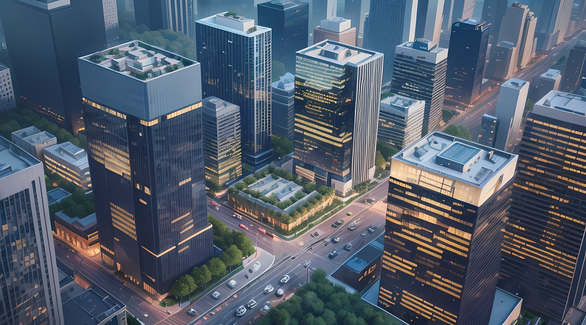 A breathtakingly realistic digital rendering of a city design aerial view, designed by architectural firms such as SOM and OMA, The scene features neatly arranged high-rise buildings in a modern style, with mountains and sea in the distance providing a stunning natural backdrop, The commercial office buildings and commercial complexes are designed to be functional yet stylish, creating a dynamic urban environment, (The lighting is expertly rendered to create a realistic glow), (with a modern cityscape design that features rooftop greenery and neatly arranged street trees), The image is rendered in high definition quality using 3D rendering software, making it a stunning piece of modern urban design,(35mm photography), --auto --s2
