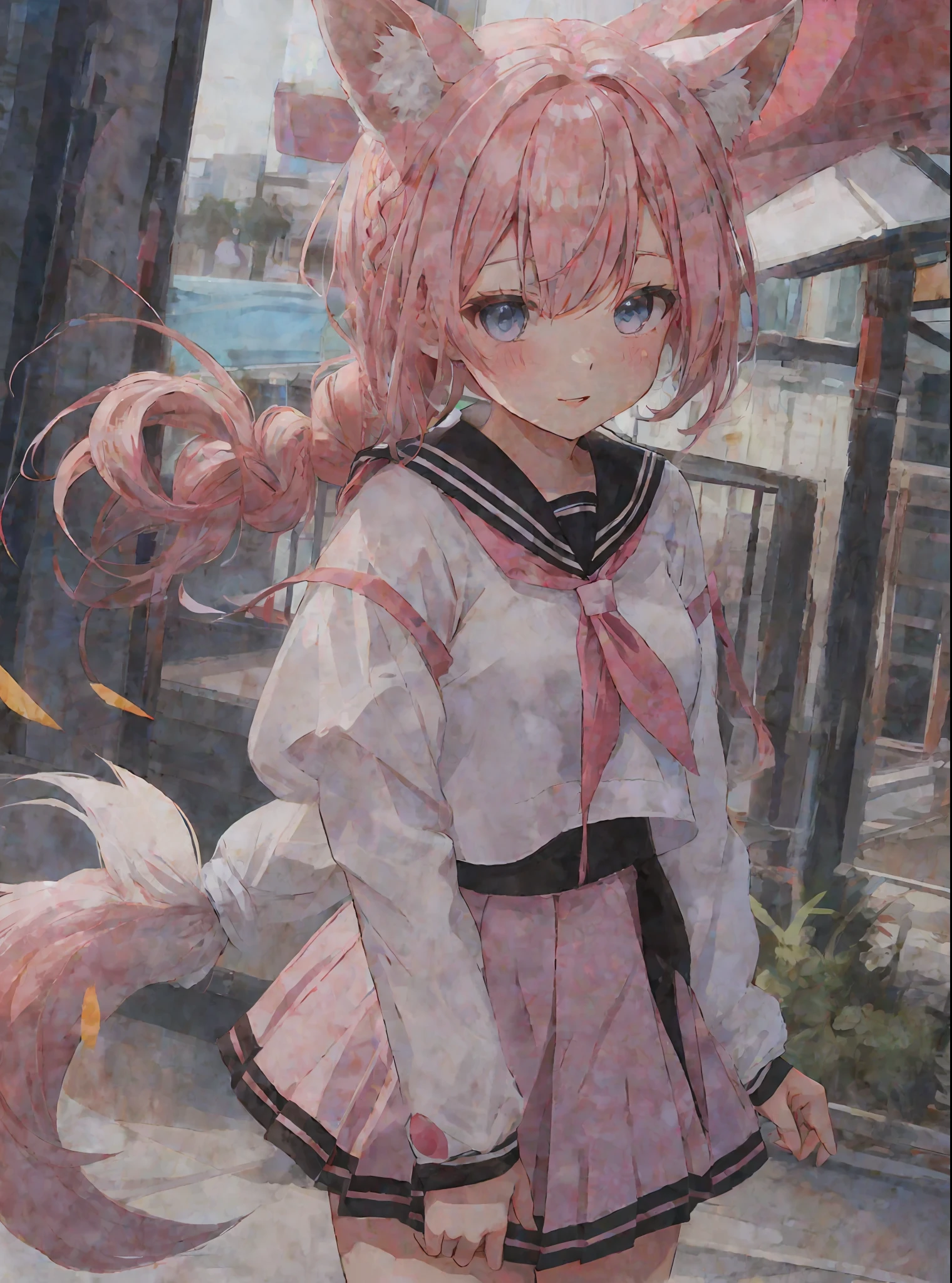1girl, ahoge, animal ear fluff, animal ears, sailor collar, serafuku, skirt, pink hair, blush, braid, medium breasts, cowboy shot, cropped shirt, eyes visible through hair, deer ears, deer girl, fox tail, wavy hair, long sleeves, looking at viewer, midriff, navel, neckerchief, parted lips, pink hair, blue eyes, sailor collar, school uniform, skirt, smile, solo, streaked hair, tail