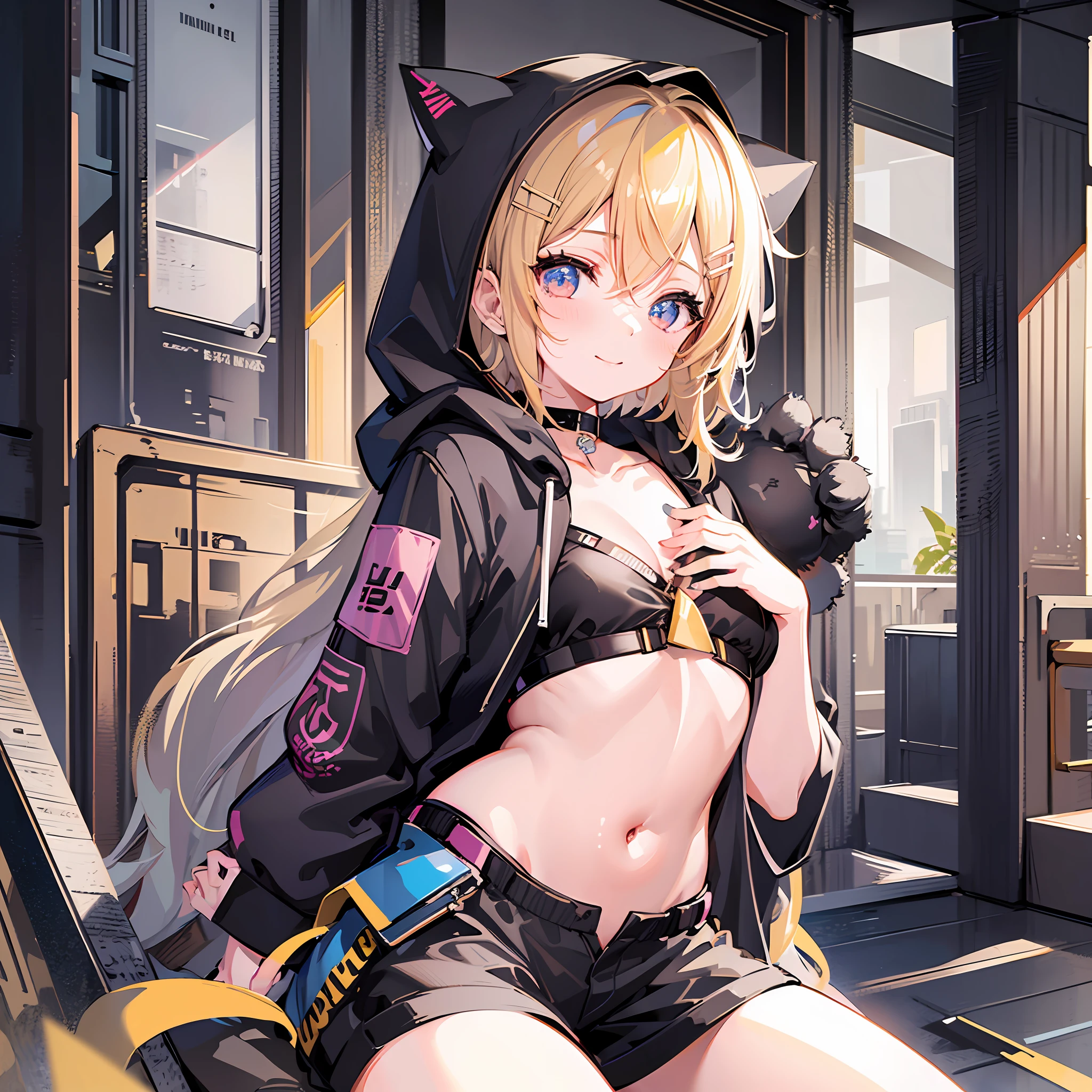 (masterpiece), (best quality), (illustration), (super detailed), (high resolution), absurdity, one girl, (kagamine-rin), (vocaloid), smile, innocence, short hair, hair clip, clothes with hood, hooded clothes, no hood, blush, black shorts, (blonde), very cute girl, small, young, delicate, outdoors, attention to girls, cat pose, sit, chest open, navel visible, cleavage, pampered, white hair ribbon