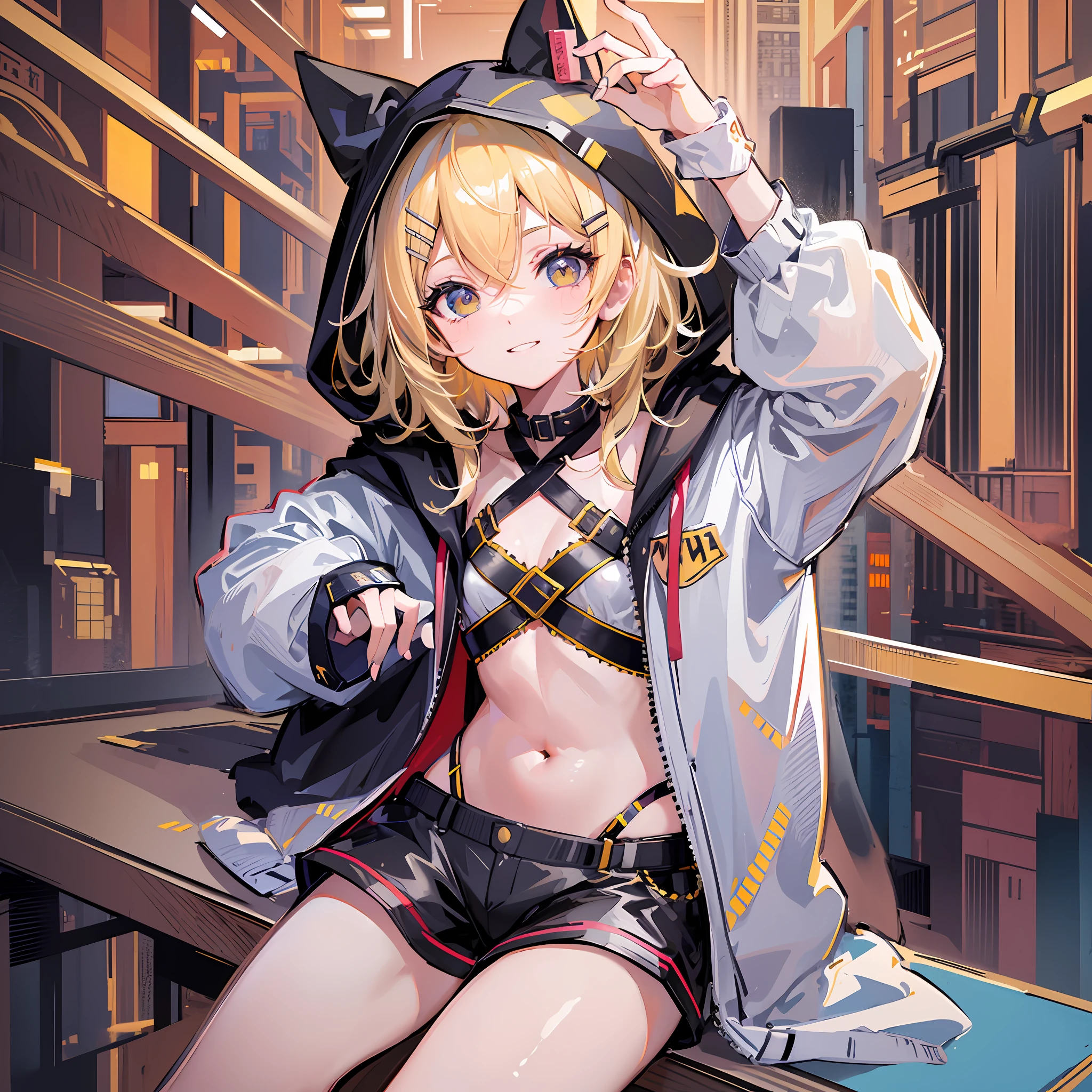 (masterpiece), (best quality), (illustration), (super detailed), (high resolution), absurdity, one girl, (kagamine-rin), (vocaloid), smile, innocence, short hair, hair clip, clothes with hood, hooded clothes, no hood, blush, black shorts, (blonde), very cute girl, small, young, delicate, outdoors, attention to girls, cat pose, sit, chest open, navel visible, cleavage, pampered, white hair ribbon