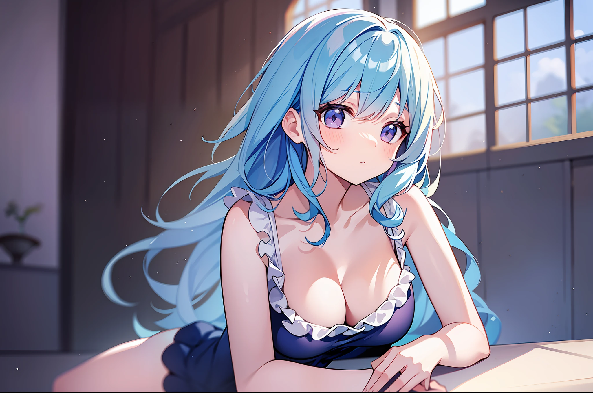 (Masterpiece), (Best Quality), Official Art, One Little Girl, Lori with Pale Light Blue Hair, One Piece, Sleeveless, Small Breasts, Cleavage, Thighs Also Focus