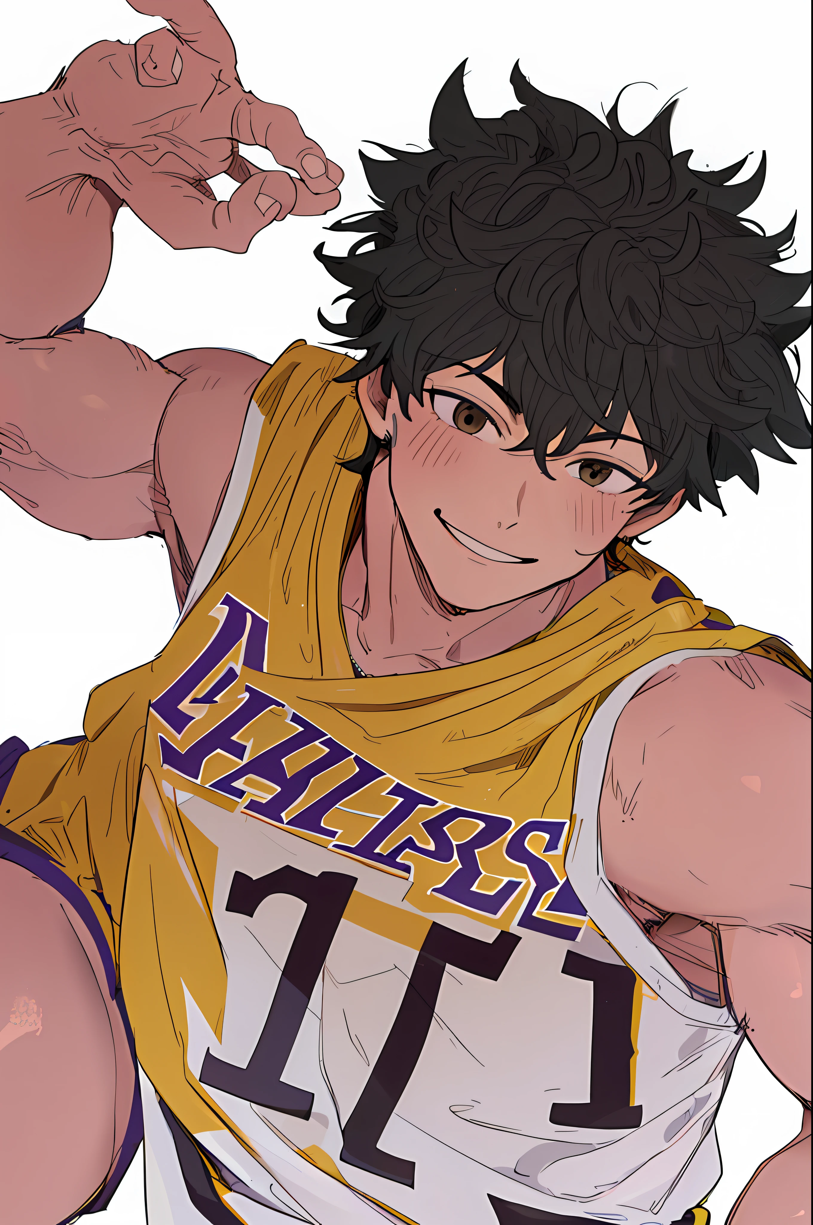 (best quality, masterpiece1.2), detailed, 1boy, solo, looking at viewer, simple background, upper body,
dynamic pose, smile, man basketball player uniform Los Angeles Lakers, NBA, mature man, muscular man, male face1:1, smile, ((detailed eyes)), midoriya izuku, short curly strong black hair, brown eyes, white lightning,