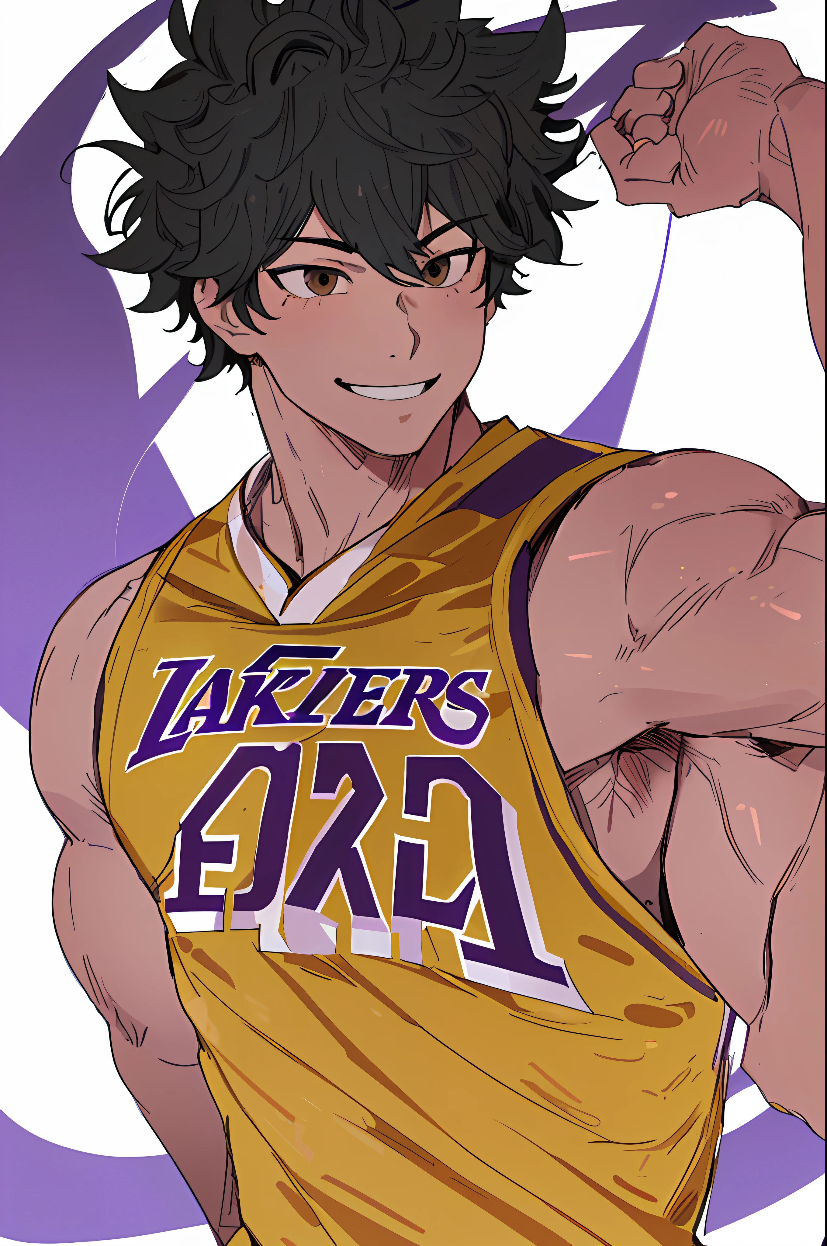 (best quality, masterpiece1.2), detailed, 1boy, solo, looking at viewer, simple background, upper body,
dynamic pose, smile, man basketball player uniform Los Angeles Lakers, NBA, mature man, muscular man, male face1:1, smile, ((detailed eyes)), midoriya izuku, short curly strong black hair, brown eyes, white lightning,