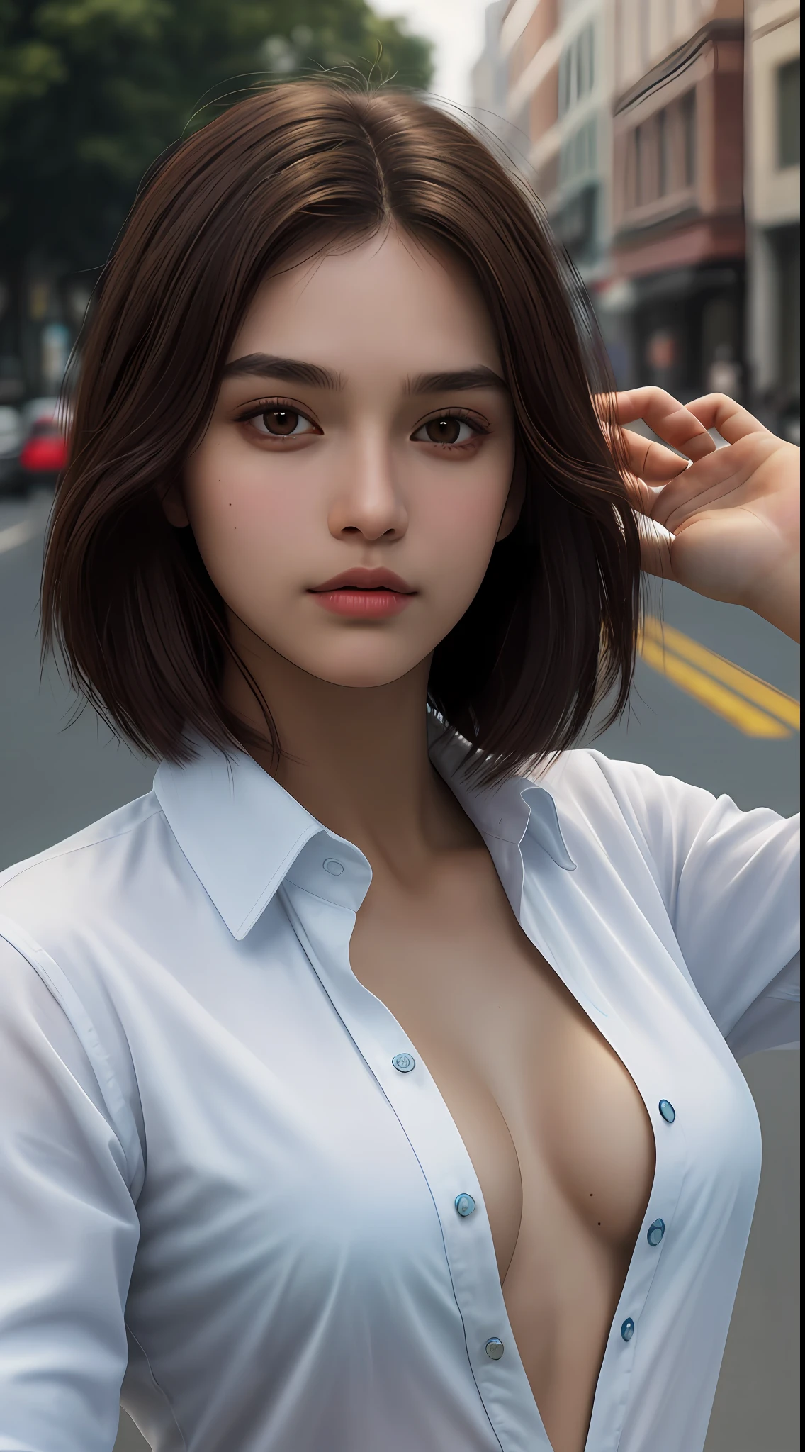upper body, masterpiece, top quality, raw photo, photorealistic, big, face light, shiny skin, high resolution, super detail, detail, detailed eyes and face, sharp pupils, realistic pupils, sharp focus, street, brown hair, men's shirt, bob, no bra, shirt unbuttoned, navel visible