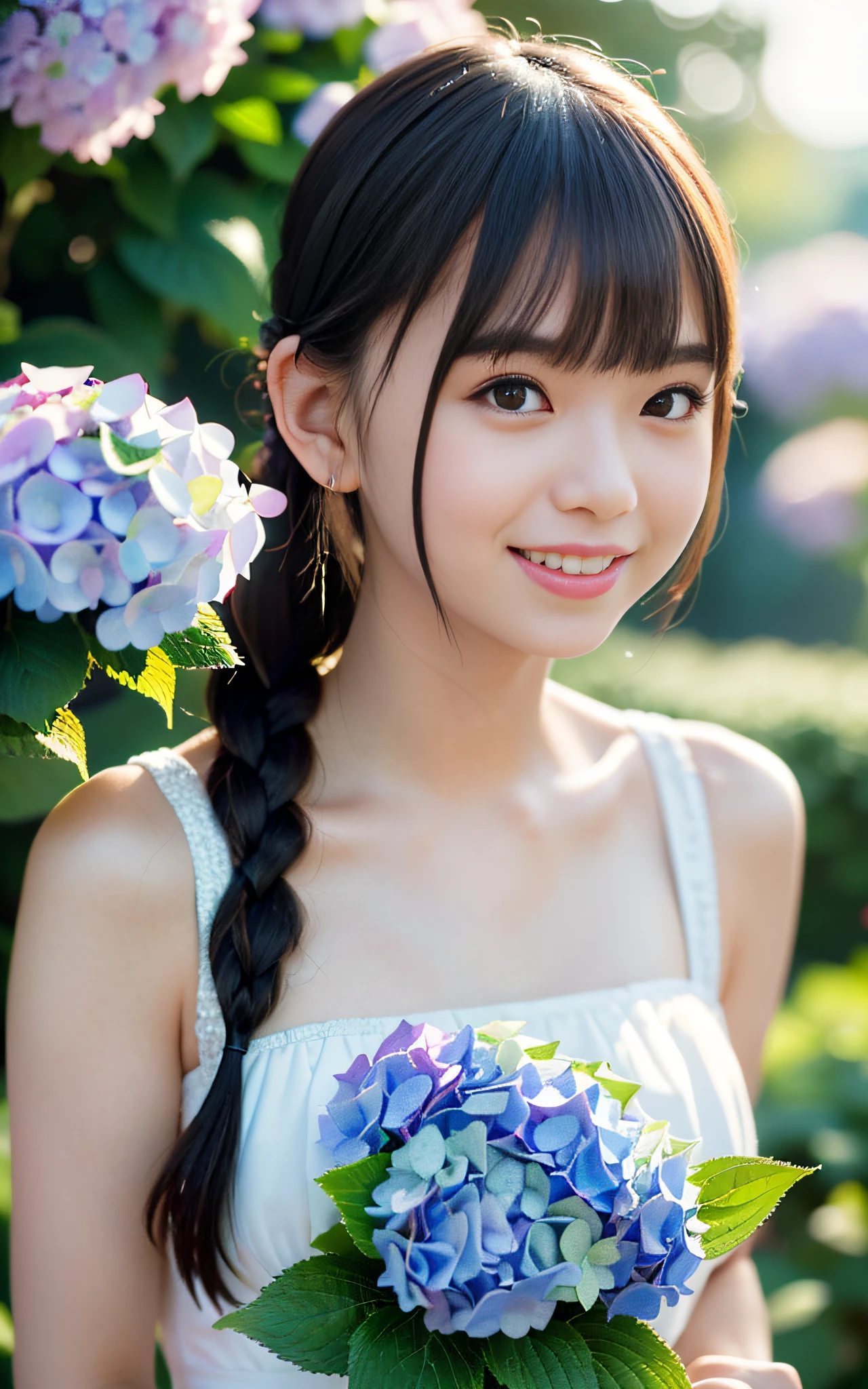 Hydrangea foreground, bokeh, bokeh, ((photorealistic)), braid, ponytail, surrounded by hydrangeas, background colorful hydrangeas, smiling, (one girl), (sunset: 1.3), (8k, RAW photography, best quality, masterpiece: 1.2), (realistic, photorealistic: 1.37), best quality, ultra high resolution, (focus plane: 1.8), (portrait surface(Details: 1.1), (Details: 1.1), (Analog: 1.2), (High Sharp), Canon EOS R6, 135mm, 1/1250s, f/2.8, ISO 400, (Summer Dress: 1.4), (Bright and Colorful: 1.3)
