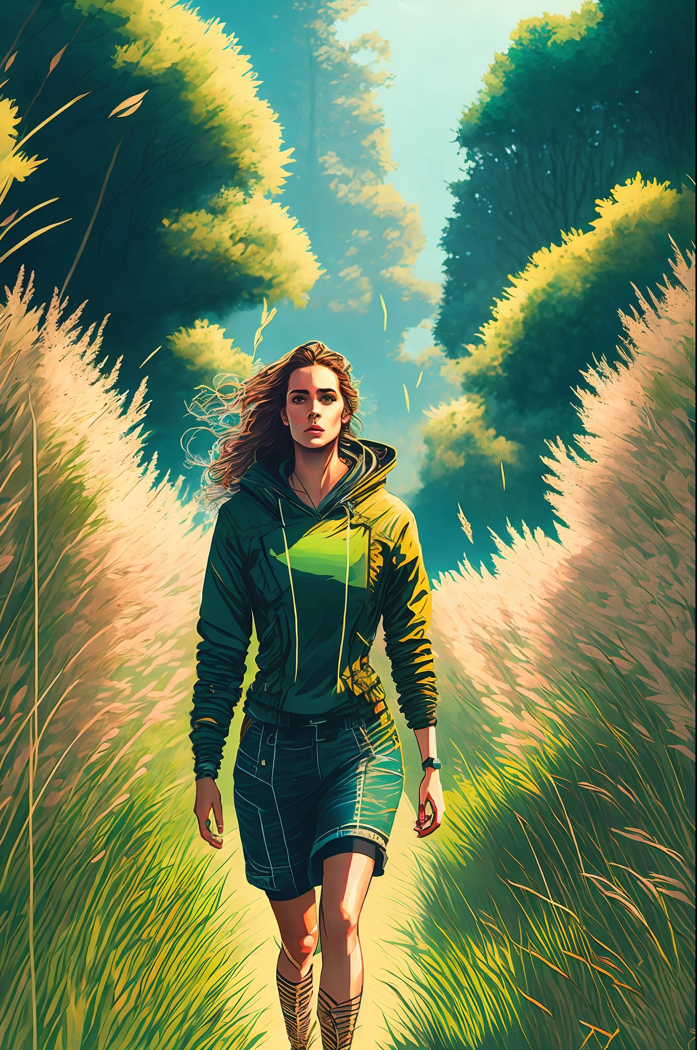 Beautiful girl in summer walking on the field in very tall grass, in the style of Dan Mumford Artwork, Computer Game Art, Psytrance, Hydro74 Style