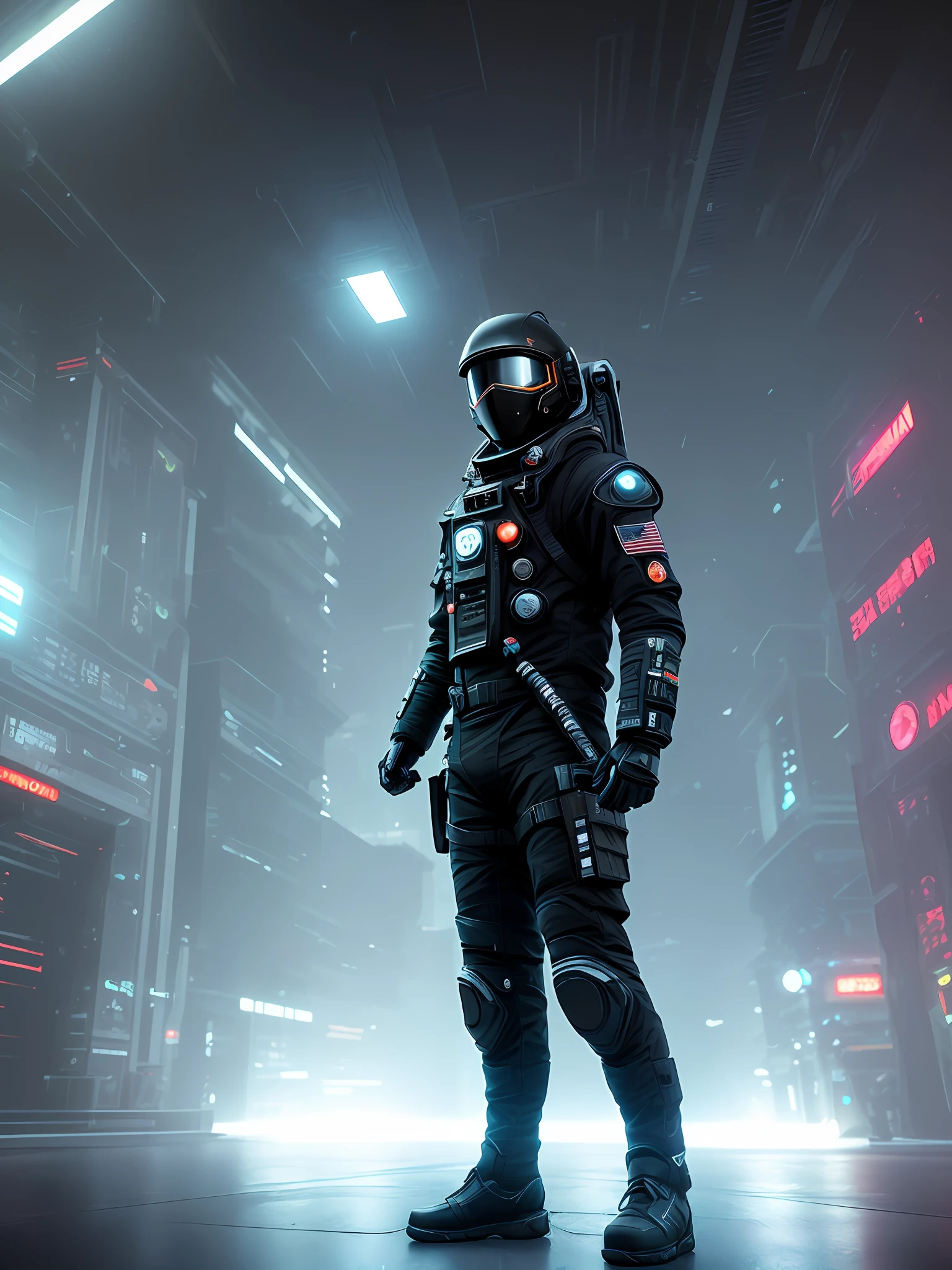 hyperrealistic dark photoshot of (((full body: 2.0)))((desepticon, Astronout, ninja) ), tactical ninja astronaut mask, astronaut ninja helmet, tactical black glasses, Japanese Katana, bluster, posing, agressive view, acsonometric direction pose, futuristic asia city, wet city background, overdetailed texture, hdr+, 8k, QHD, backlighting, glow, unreal engine, dynamic lighting, beautyfull refraction, ((low-key lighting, dimly light)), saturated colors, vignette: 1.5