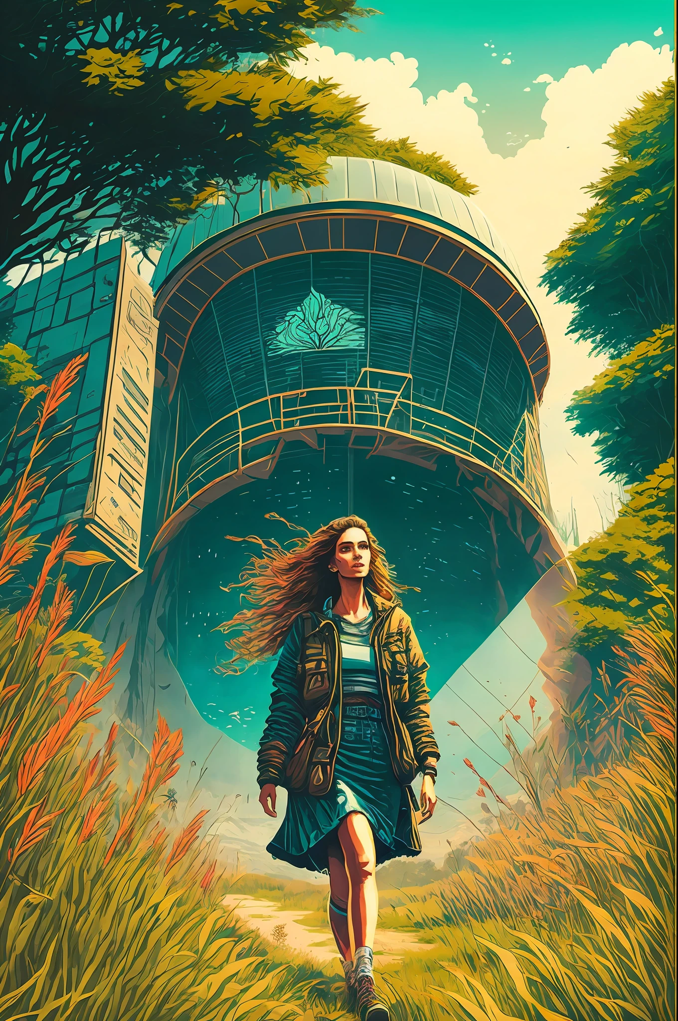 Beautiful girl in summer walking on the field in very tall grass, in the style of Dan Mumford Artwork, Computer Game Art, Psytrance, Hydro74 Style