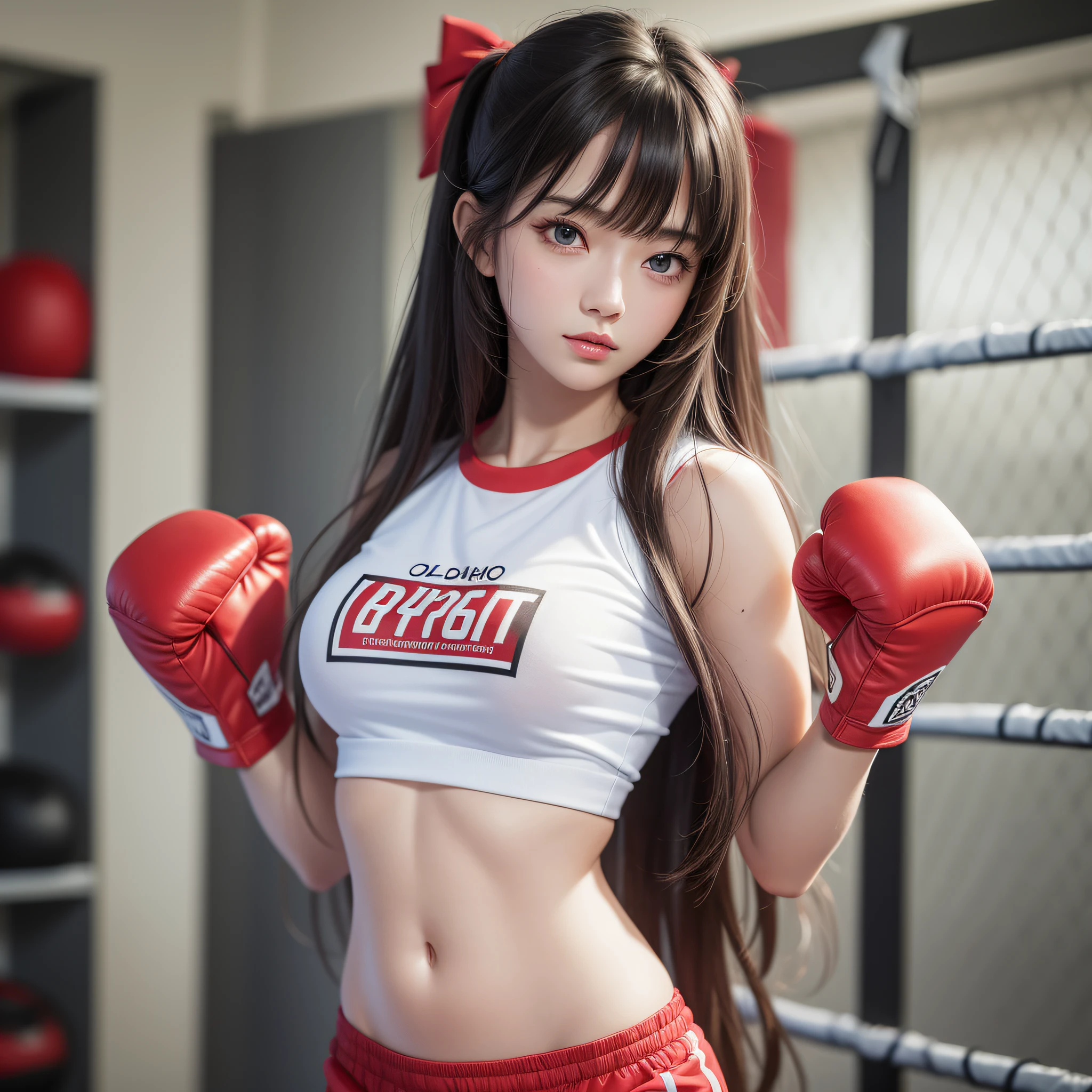 masterpiece, top quality, (realistic, photorealistic: 1.4), (RAW photo: 1.2), very elaborate CG Unity 8K wallpaper, very delicate and beautiful, wonderful, attention to detail, official art, absurdity, incredibly ridiculous, huge file size, very fine, very elaborate, beautiful eyes and face, beautiful elaborate eyes, light on the face, one girl, Long Hair, (Pom) Navel, Upper Body, Short Sleeved T-Shirt, Boxing Gloves, Bare Arms, Bangs, Boxing Gym, Boxing Ring, ULZZANG-6500-v1.1