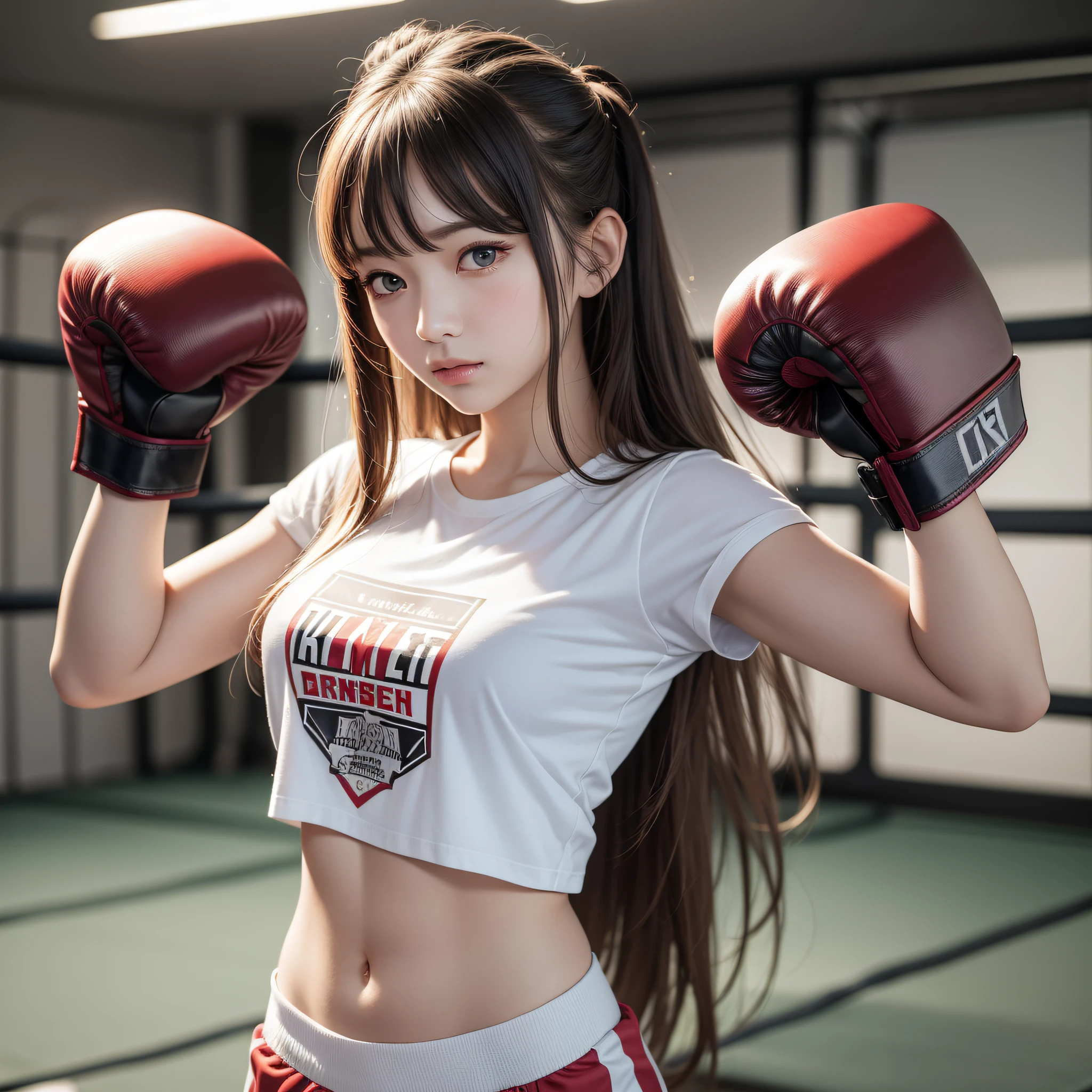 masterpiece, top quality, (realistic, photorealistic: 1.4), (RAW photo: 1.2), very elaborate CG Unity 8K wallpaper, very delicate and beautiful, wonderful, attention to detail, official art, absurdity, incredibly ridiculous, huge file size, very fine, very elaborate, beautiful eyes and face, beautiful elaborate eyes, light on the face, one girl, Long Hair, (Pom) Navel, Upper Body, Short Sleeved T-Shirt, Boxing Gloves, Bare Arms, Bangs, Boxing Gym, Boxing Ring, ULZZANG-6500-v1.1