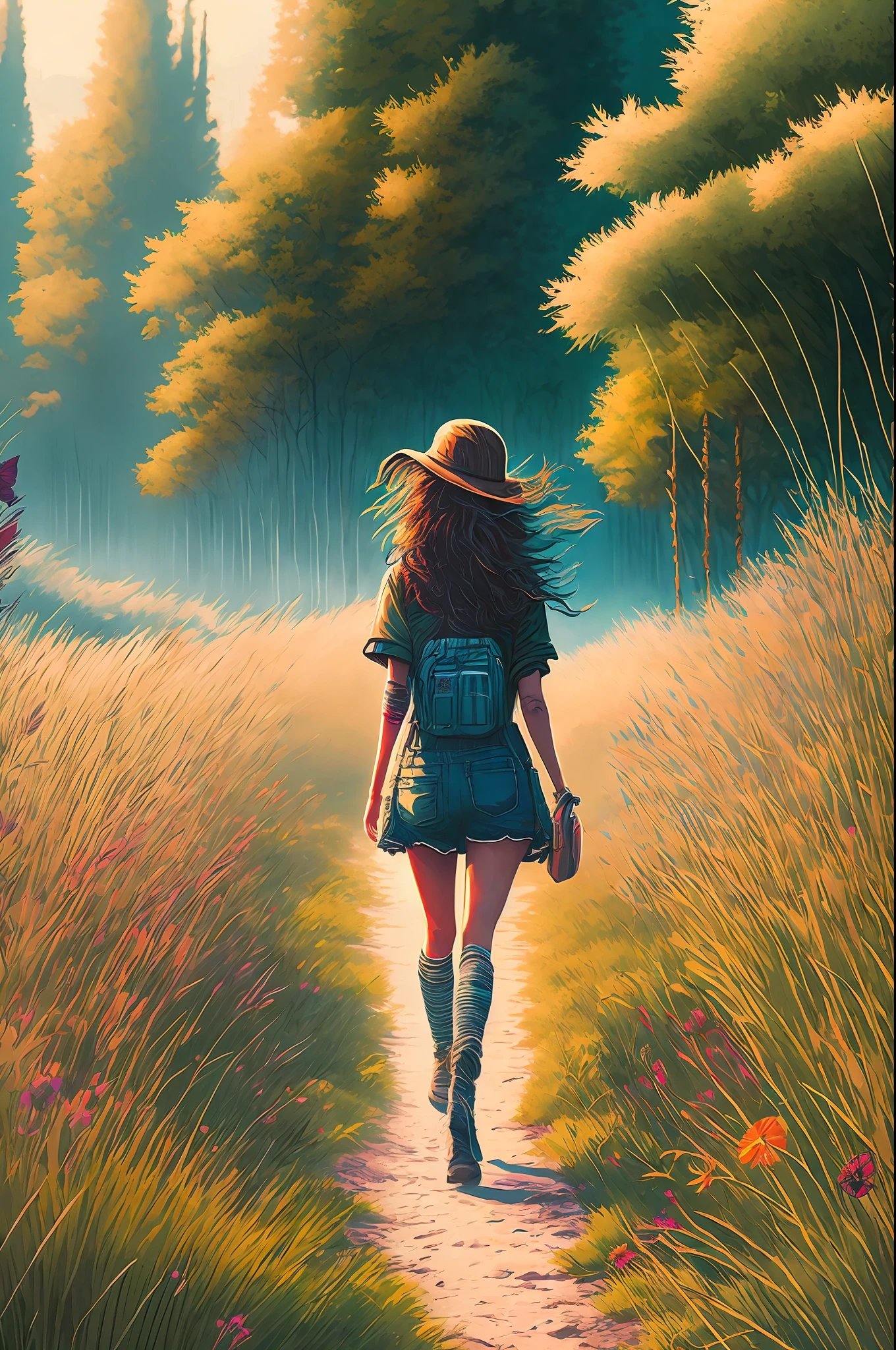 Beautiful girl in summer walking on the field in very tall grass, in the style of Dan Mumford Artwork, Computer Game Art, Psytrance, Hydro74 Style