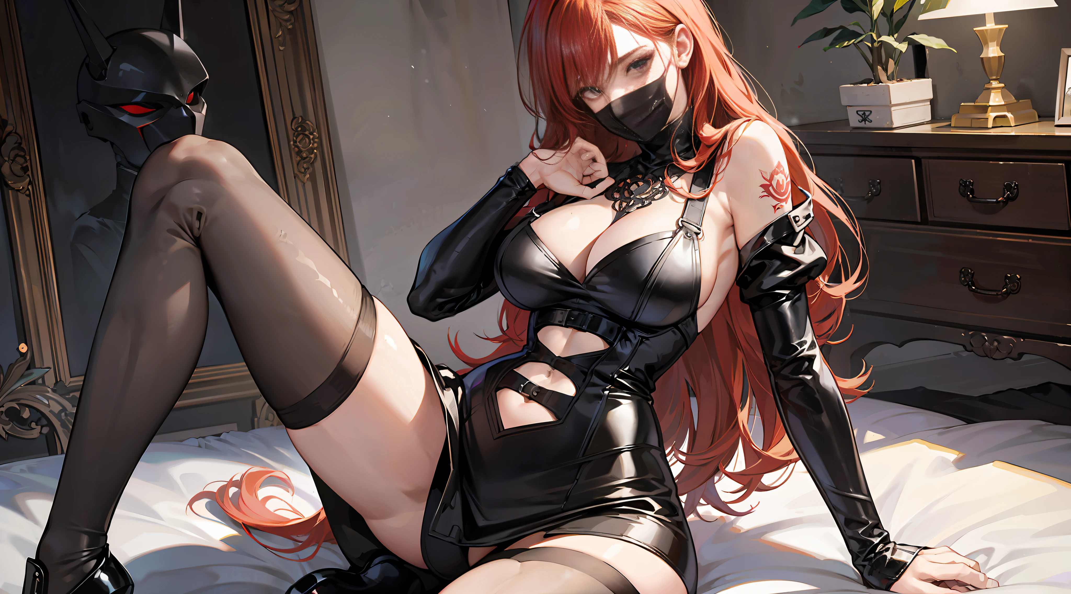 Redhead babe, black mask, full-body lens, 8K resolution, strong figure, {{Huge_breast}}, straight chest, slender waist, tall, slender legs, thin and transparent tights, {{latex}}, {{glossy}}, {slim}, fair skin, {black_stockings}, highest details, light curls, long bangs, openwork, side space, various tattoos all over the body, open legs, sitting on the bed --auto --s2