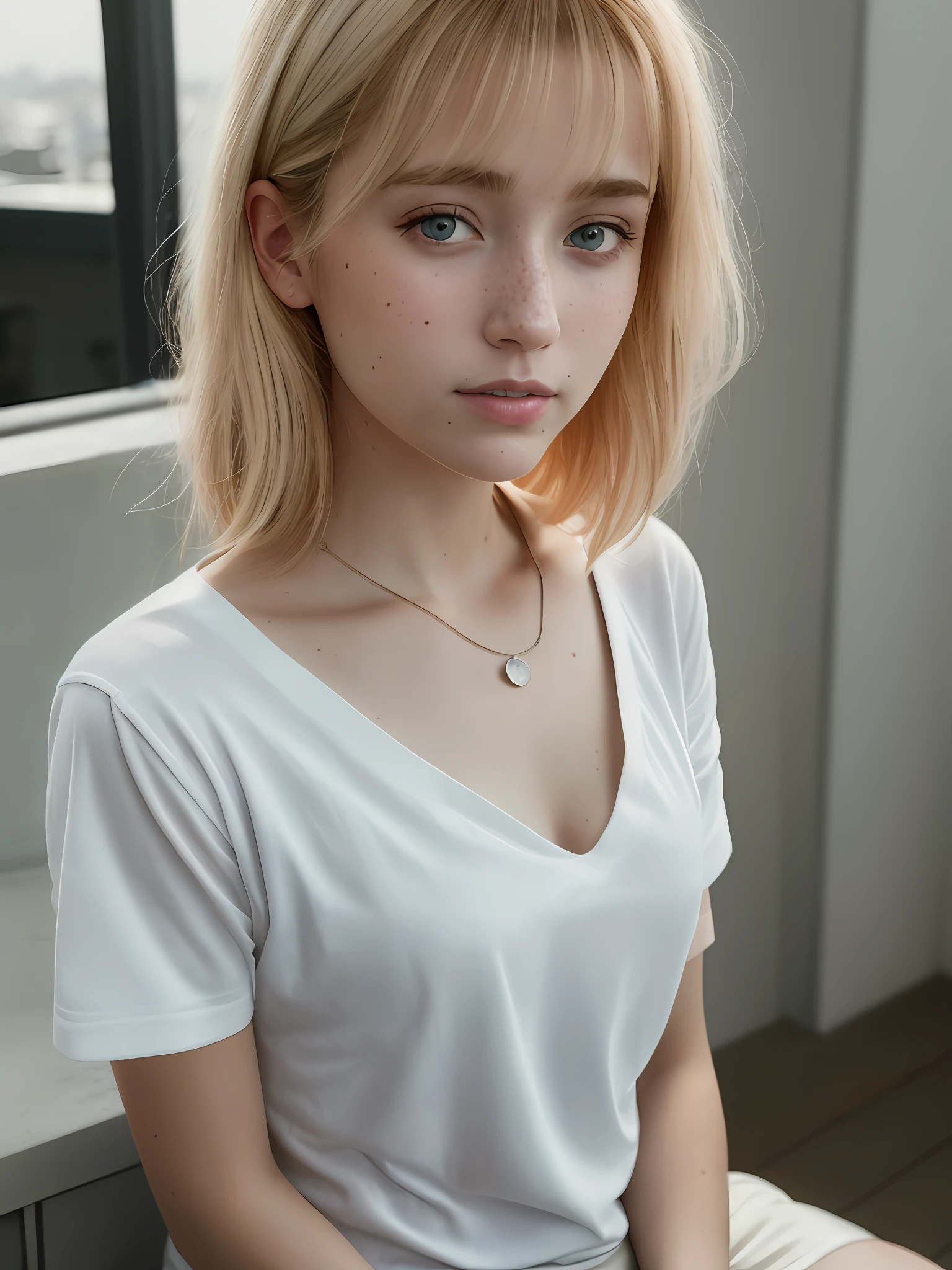 a portrait of a (milk-soaked: 1.2) blonde, freckle teacher is sitting on a balcony, white shirt with V-neckline, visible through white T-shirt, slate atmosphere, cinematic, faded colors, dark shot, no sound colors, grainy film, lut, insane details, intricate details, hyperdetailed, close-up, twilight