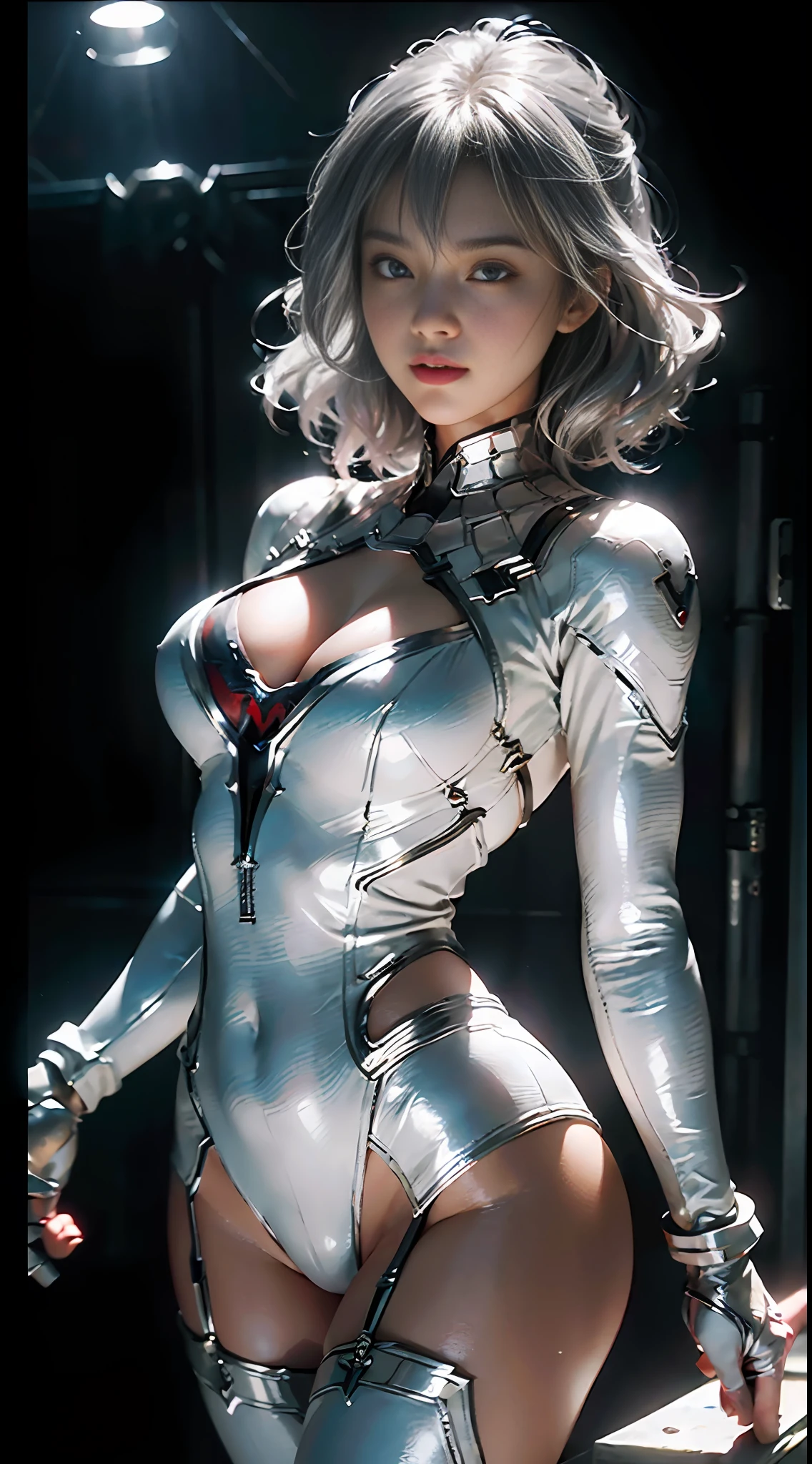 (Extreme Detail CG Unity 8K wallpaper, masterpiece, top quality), (exquisite lighting and shadows, very dramatic graphics, cinematic lens effects), (girl in white Spider-Man costume, cleavage, B-cup breasts, silver hair, space behind, dynamic pose), (excellent detail, outstanding lighting, wide angle), (excellent rendering, Enough to stand out in that class)