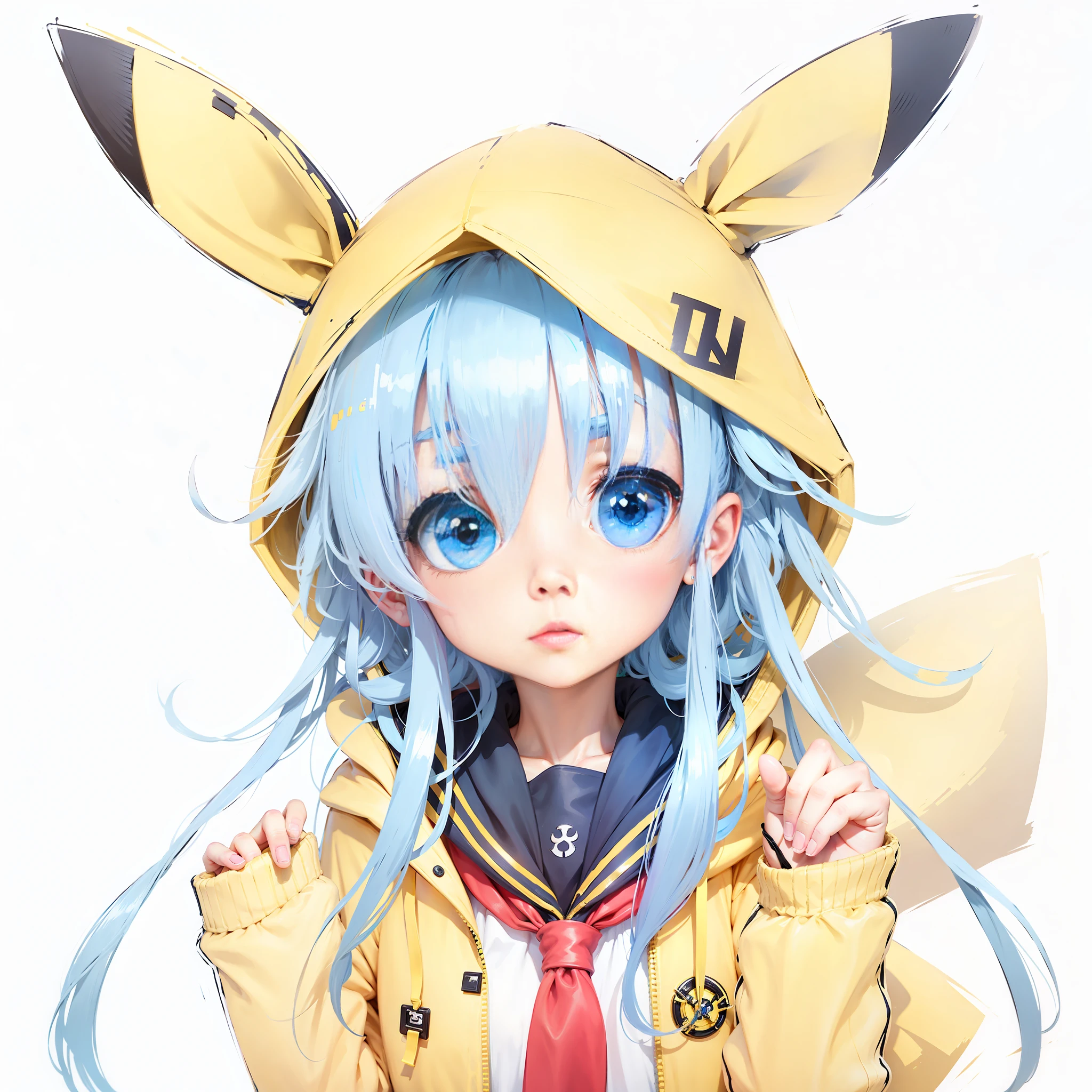 A girl in a hoodie, yellow hoodie jacket with big ears on the hat, sailor suit underneath, blue hair, big eyes, cute, extreme rendering, HD, 8K, realism, dark yellow light