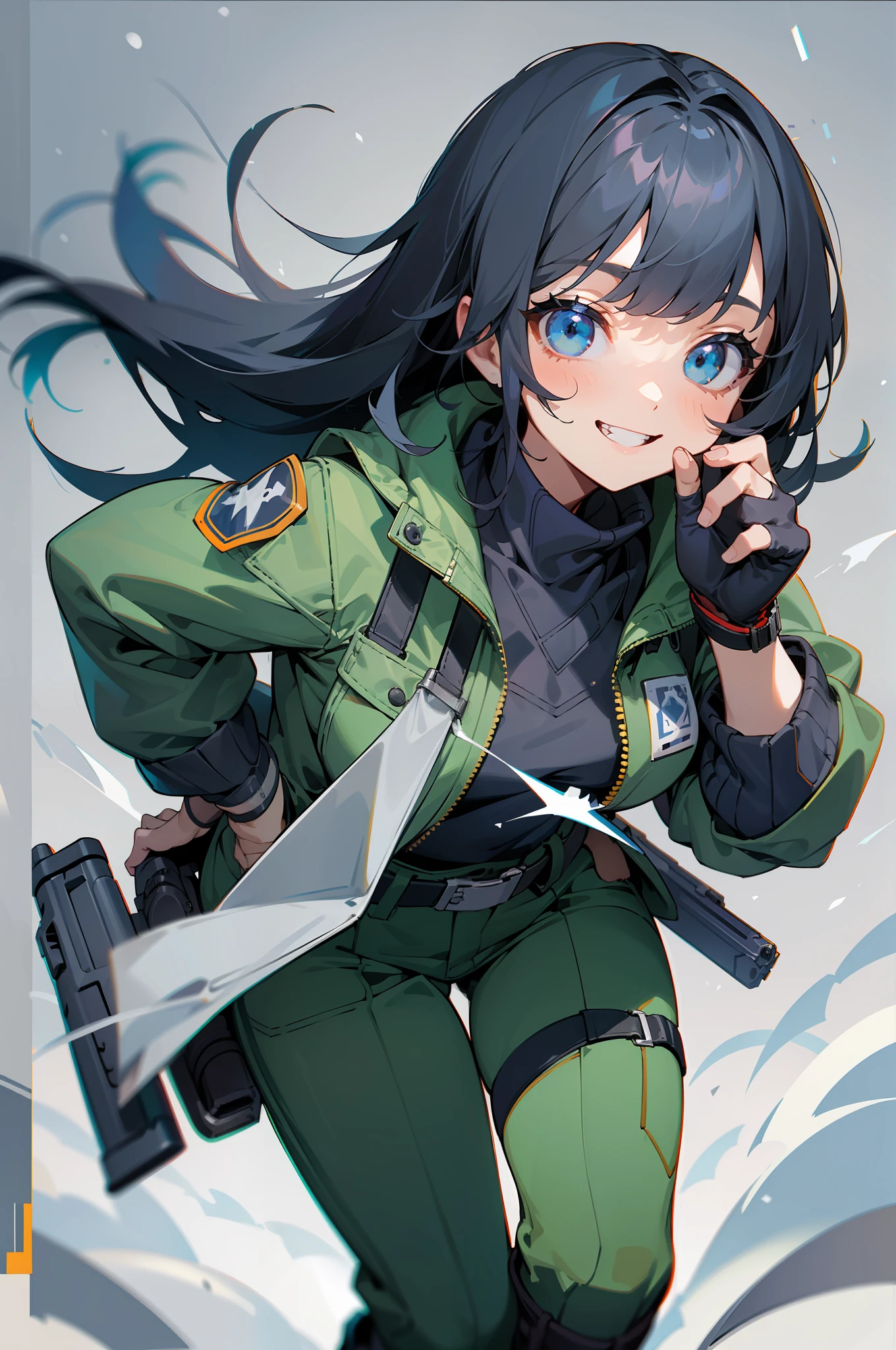 masterpiece, best quality, ((girl: guns , looking at viewer, smile, bangs, holding, weapon, teeth, grey background, holding weapon, gun, leaning forward, parody, holding gun, handgun, dual wielding, wide-eyed, crazy eyes, crazy smile, arona,))blue eyes, hair over one eye, green jacket, (cleavage:0.7), belt, green pants, fingerless gloves, cross-laced boots, snow, one knee, from side, wide shot, blue sky --s2