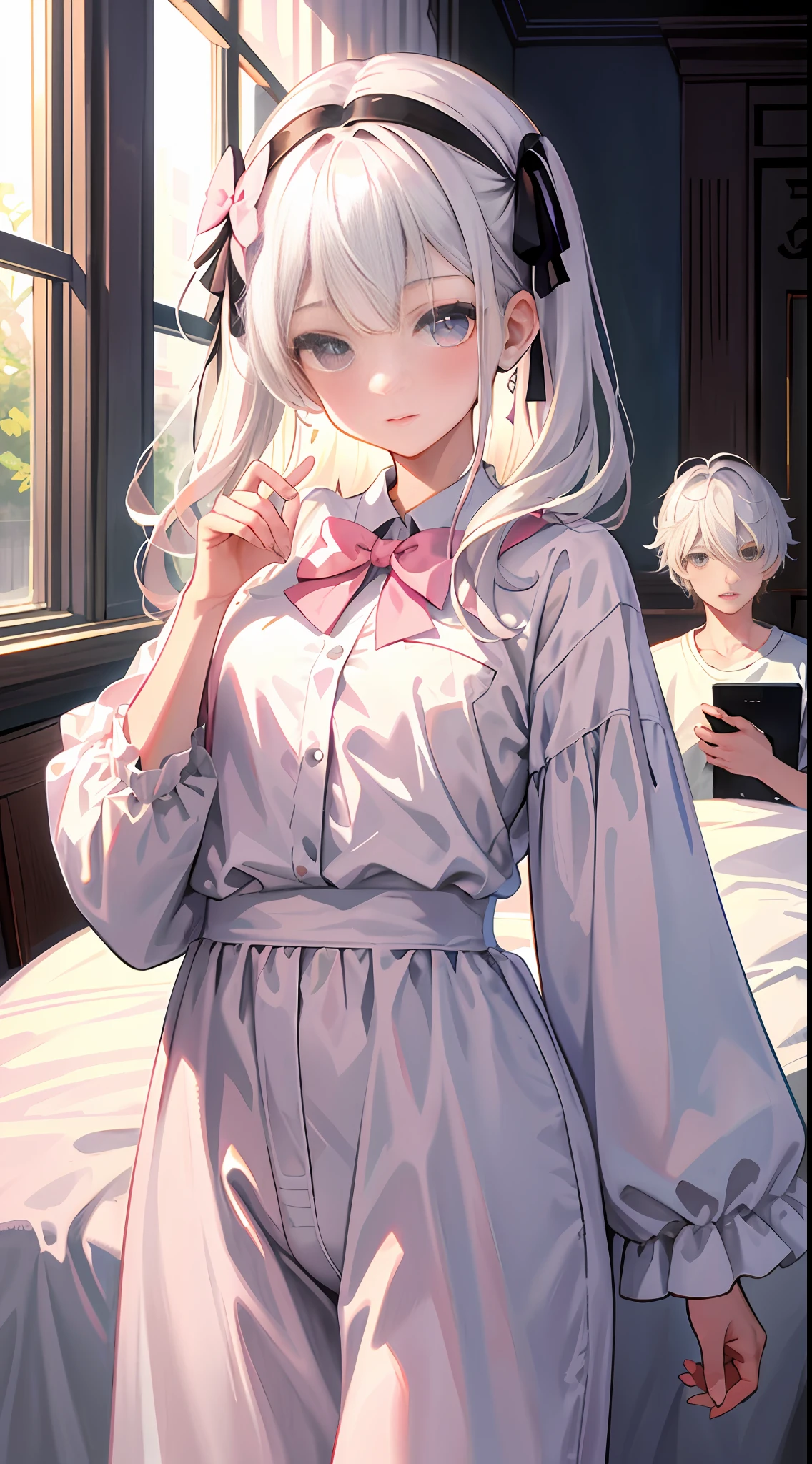 Masterpiece, best quality, super detailed, illustration, beautiful detailed eyes, close up, with a boy and a girl. The girl is white hair, pink bow, white pajamas. The boy is black hair, comma hair, white T-shirt. Boys and girls in the room,