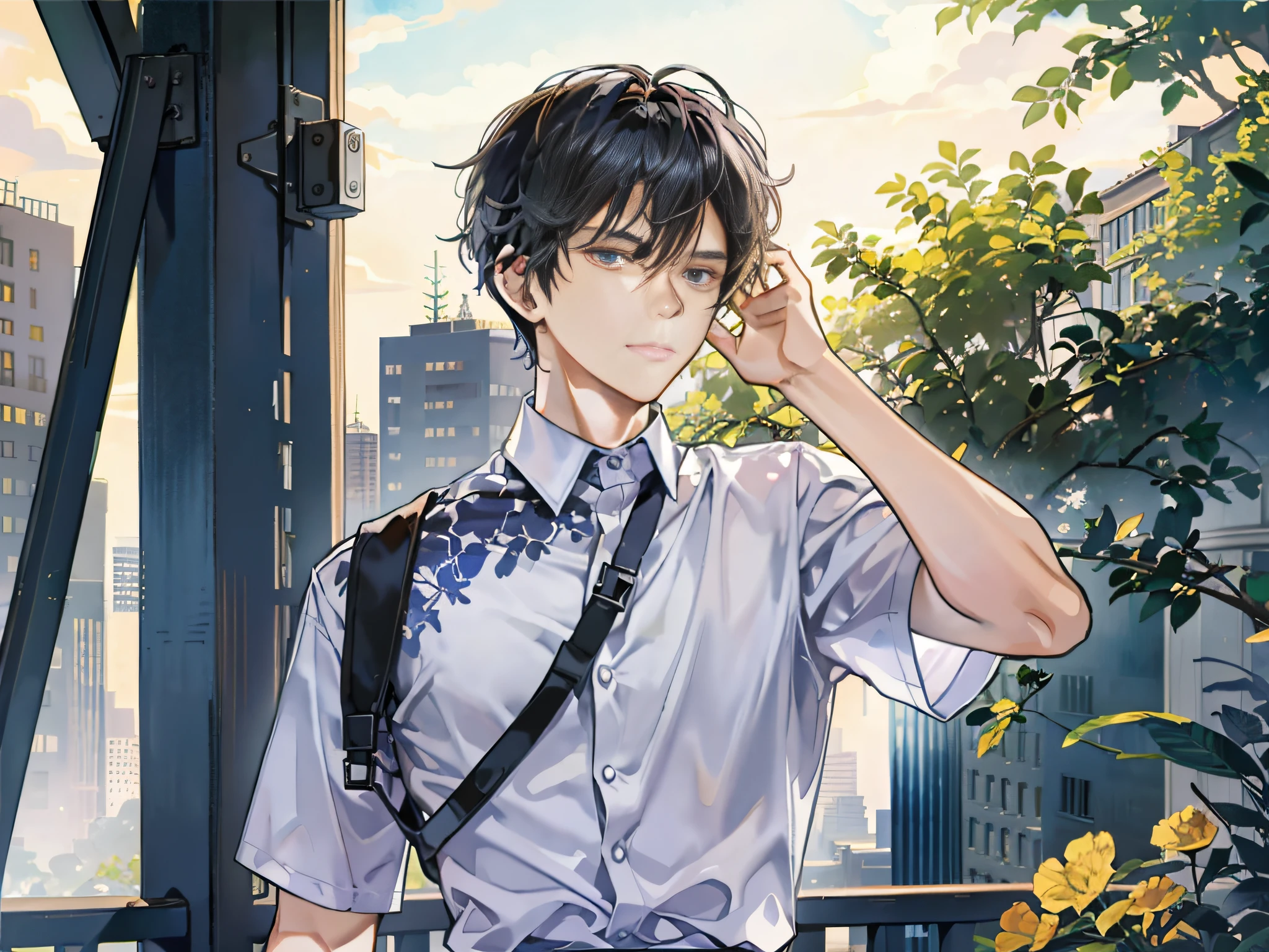 anime boy in a white shirt and tie standing in front of a window, handsome anime pose, anime portrait of a handsome man, tall anime guy with blue eyes, high detailed official artwork, inspired by Bian Shoumin, young anime man, anime handsome man, handsome guy in demon slayer art, shigenori soejima illustration, digital anime illustration, male anime style