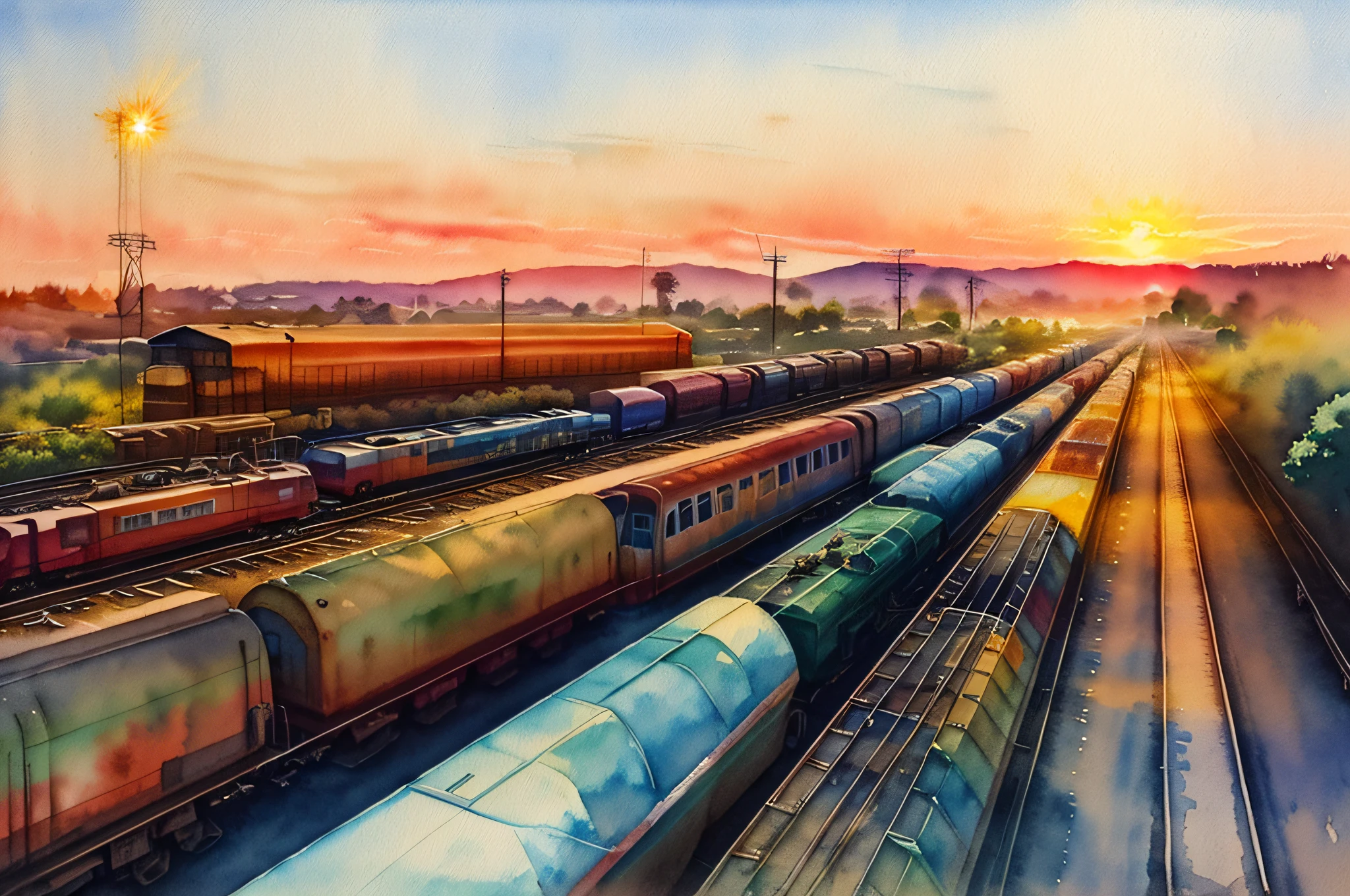 ( watercolor \(medium\), drawing, IrisCompiet:1.2),painting, landscape, sfw, tracks, railway,transmission lines, sunset,beautiful sky, trains, wagons, timber truck,many wagons, parking, lanterns