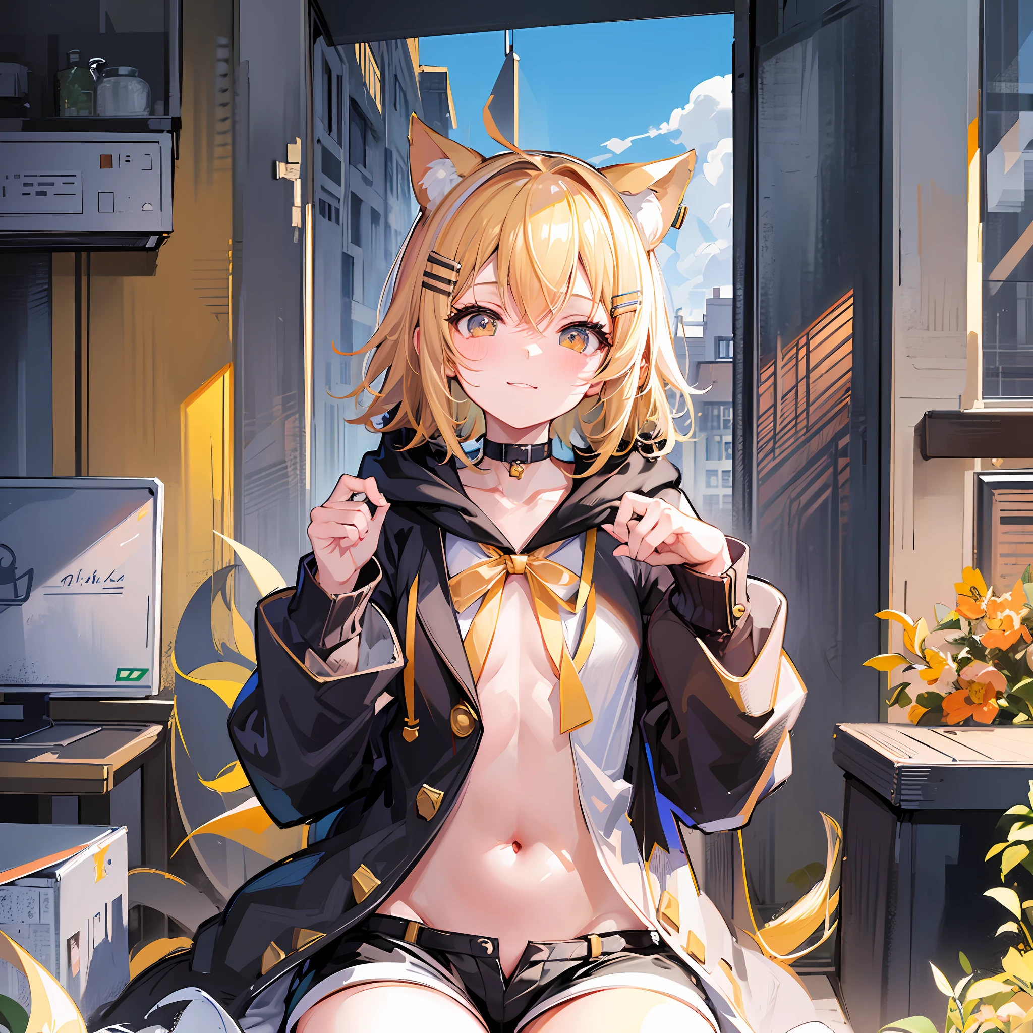 (Masterpiece), (Best Quality), (Illustration), (Ultra Detailed), (High Resolution), Absurdity, One Girl, (kagamine-rin), (Vocaloid), Smile, Innocence, Short Hair, Hair Clips, (Cat Ear Hood), (Wearing a Hood), Perfect Size Hood, Blush, Black Shorts, (Blonde), Very Cute Girl, Small, Young, Delicate, Outdoor, Attention on Girls, Cat pose, sitting, chest open, navel visible, cleavage, pampering