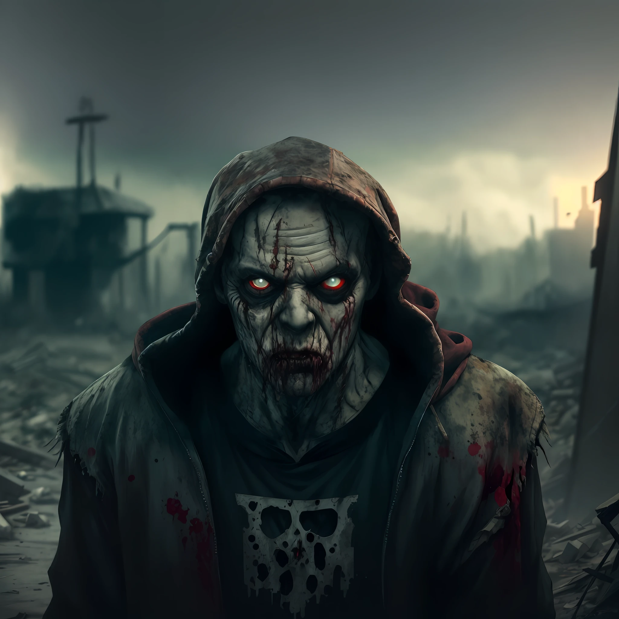 arafed man with blood on his face and hoodie in a ruined area, zombie in horror concept art, zombie with white eyes, evil zombie, detailed 4k horror artwork, portrait of a zombie, undead. highly detailed, horror!! highly detailed, horror fantasy art, photorealistic dark concept art, horrific digital art, dark fantasy horror art, fantasy horror art