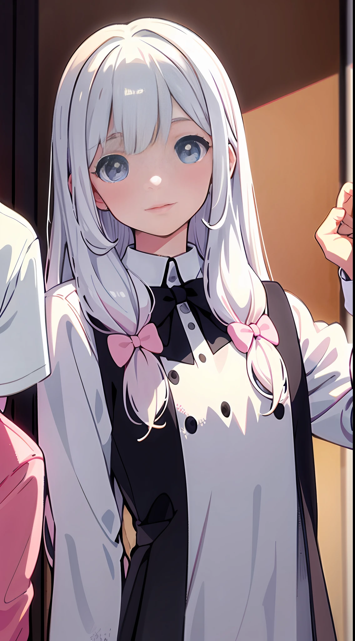 Masterpiece, best quality, super detailed, illustration, beautiful detailed eyes, close up, with a boy and a girl. The girl is white hair, pink bow, white pajamas. The boy is black hair, comma hair, white T-shirt. Boys and girls in the room,