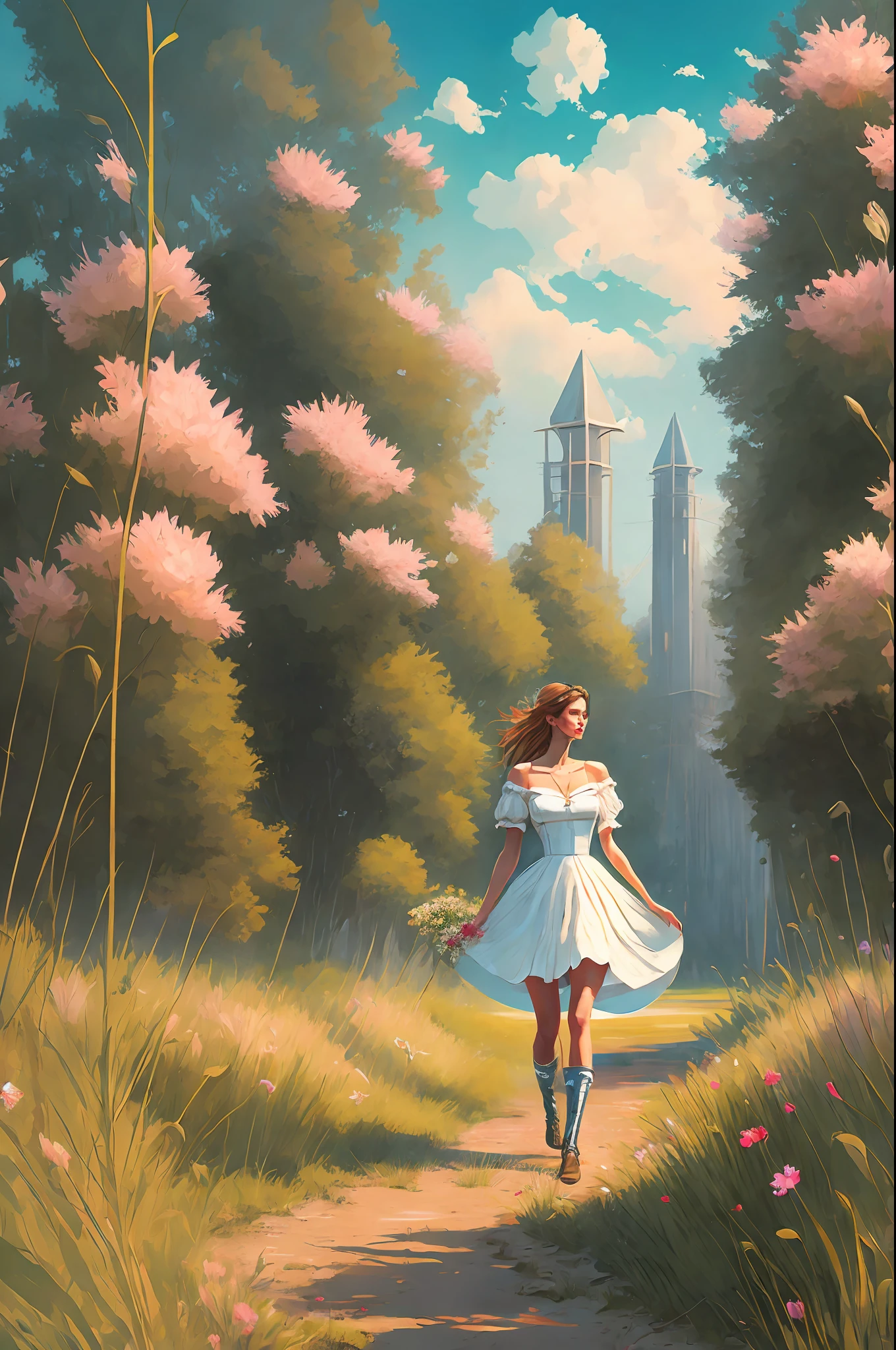 Beautiful girl walking in the field in summer in very tall grass, beautiful slim figure, big breasts, white stockings to the knees, light summer dress, very small dress, in the style of Dan Mumford Artwork, Computer Game Art, Psytrance, Hydro74 Style
