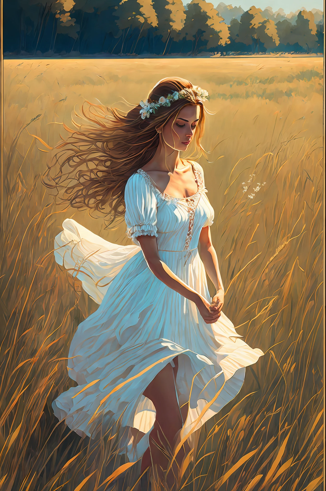 Beautiful girl walking in the field in summer in very tall grass, beautiful slim figure, big breasts, white stockings to the knees, light summer dress, very small dress, in the style of Dan Mumford Artwork, Computer Game Art, Psytrance, Hydro74 Style