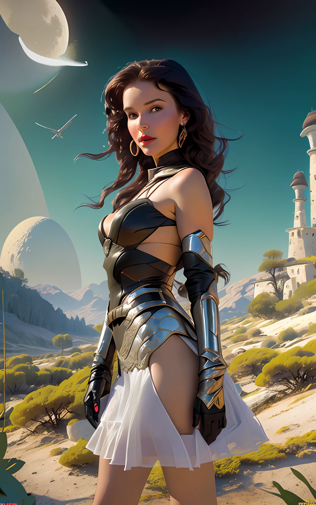 Natalia Vdovina, Natalia Steshenko, Natalia Oreiro, Natalia Gulkina, Natalia Vlasova, Natalia Kuznetsova, a girl with dark hair in fantastic clothes against the background of a futuristic landscape