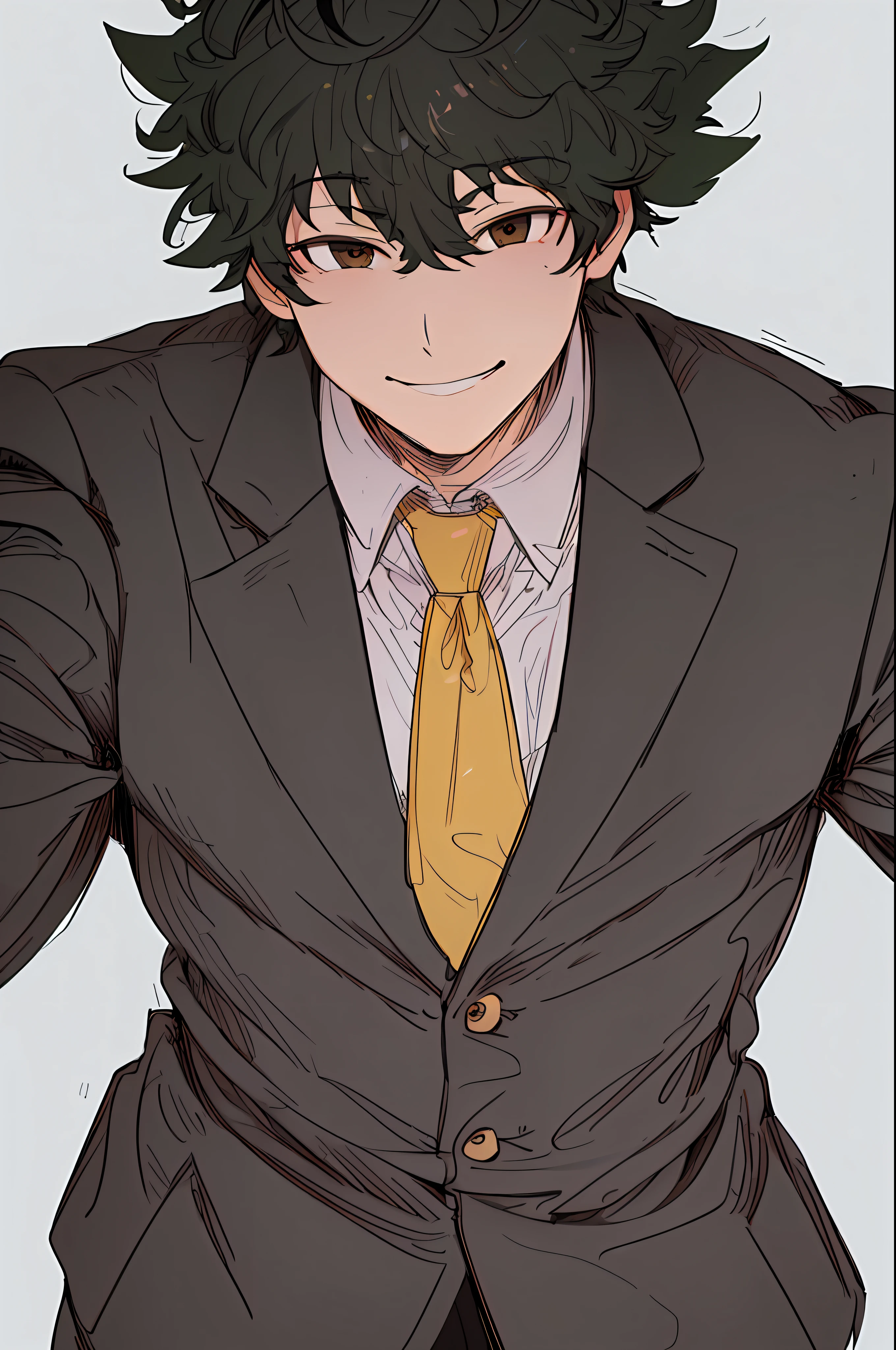 (best quality, masterpiece1.2), detailed, 1boy, solo, looking at viewer, simple background, upper body,
dynamic pose, smile, office man, mature man, tie, muscular man, male face1:1, smile, ((detailed eyes)), midoriya izuku, short curly black hair, brown eyes, white lightning,