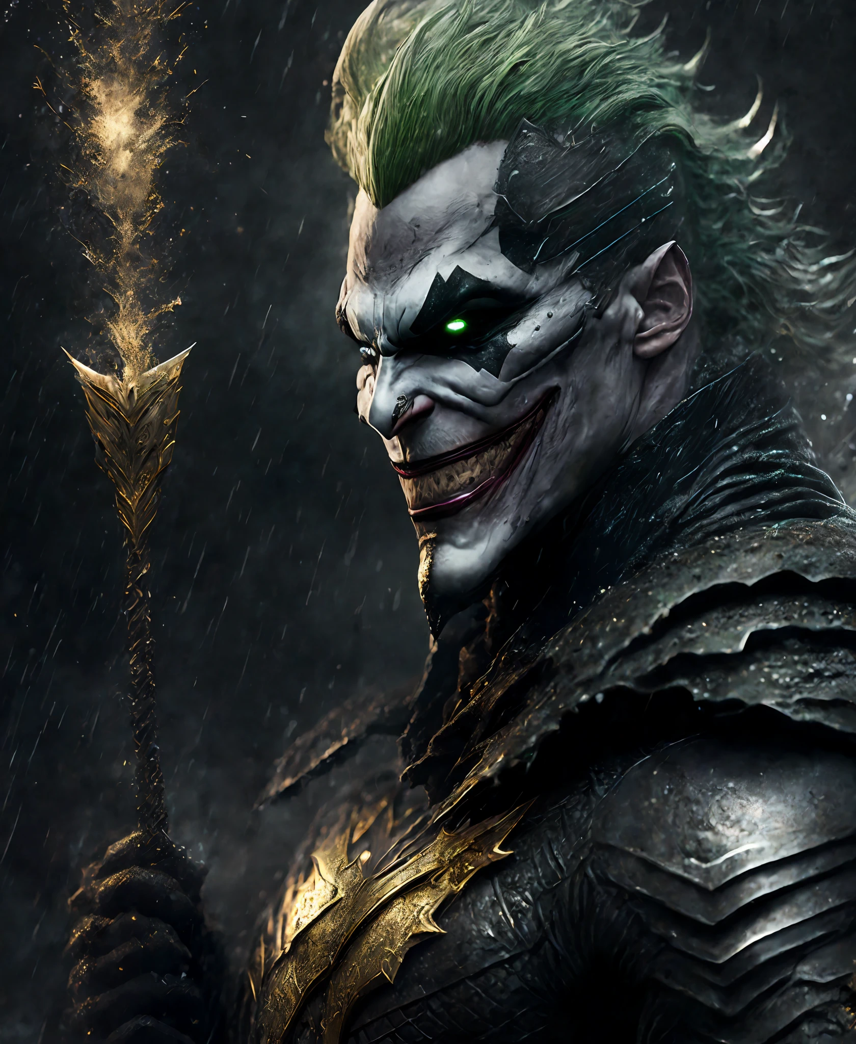 Close-up (Joker Aquaman from DC in Viking style: 1.3) emerging from wet black mud, extremely detailed, smoke, sparks, metal shavings, flying debris, volumetric light
