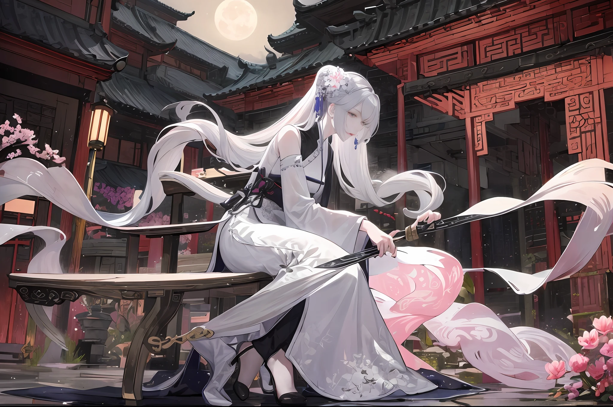 Masterpiece, Best, Night, Full Moon, 1 Female, Mature Woman, Chinese Style, Ancient China, Elder Sister, Royal Sister, Cold Face, Expressionless, Silver White Long Haired Woman, Pale Pink Lips, Calm, Intellectual, Three Belts, Gray Hitomi, assassin, dagger, flower ball background, street view