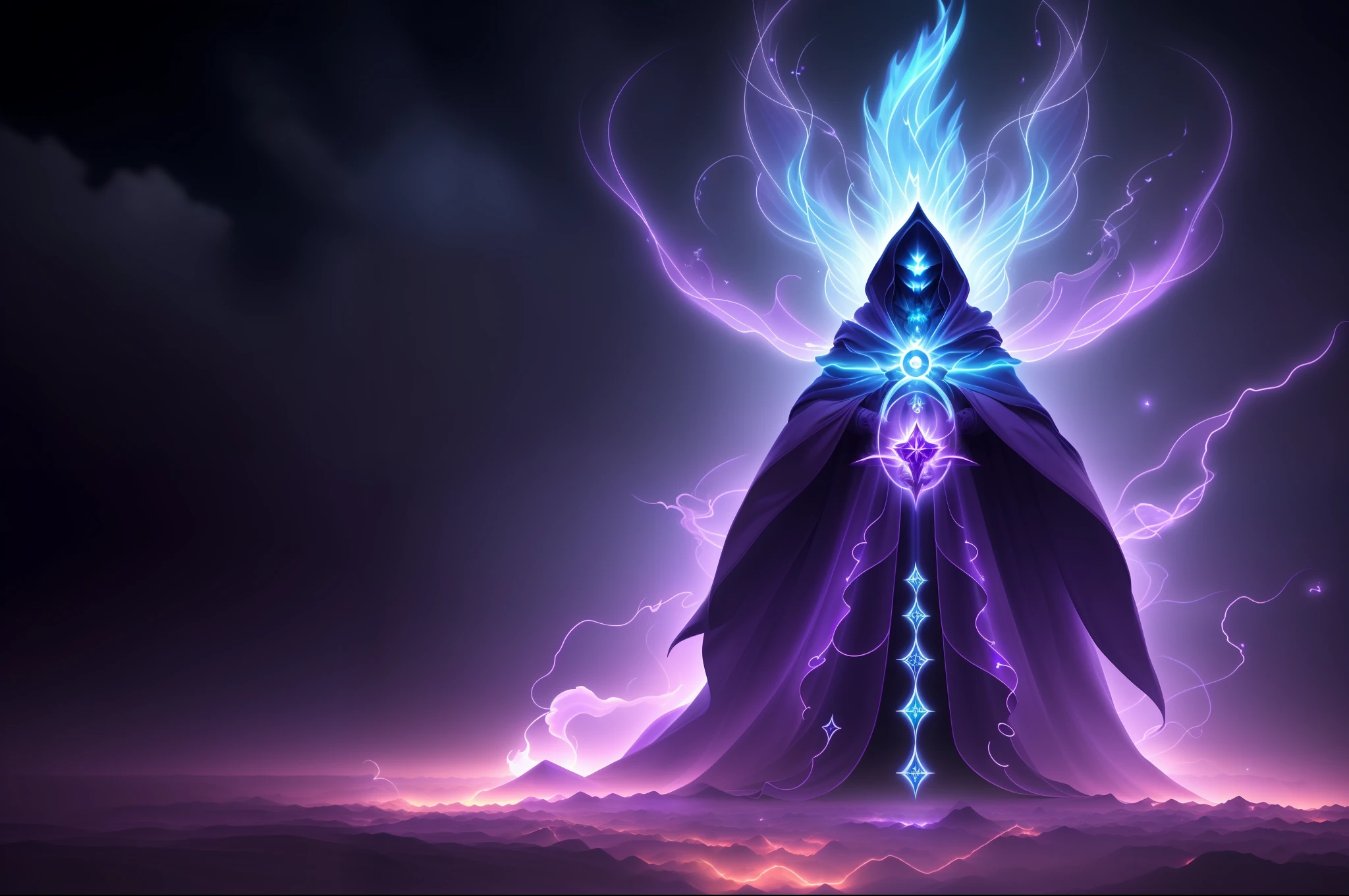 (extremely detailed CG unity 8k wallpaper, masterpiece, best quality, ultra-detailed), (best illumination, best shadow, an extremely delicate and beautiful), floating, (holy lich), (dark lich), high resolution, dynamic camera angle, dynamic pose, blue magical flames, purple magical flames, dark atmosphere.