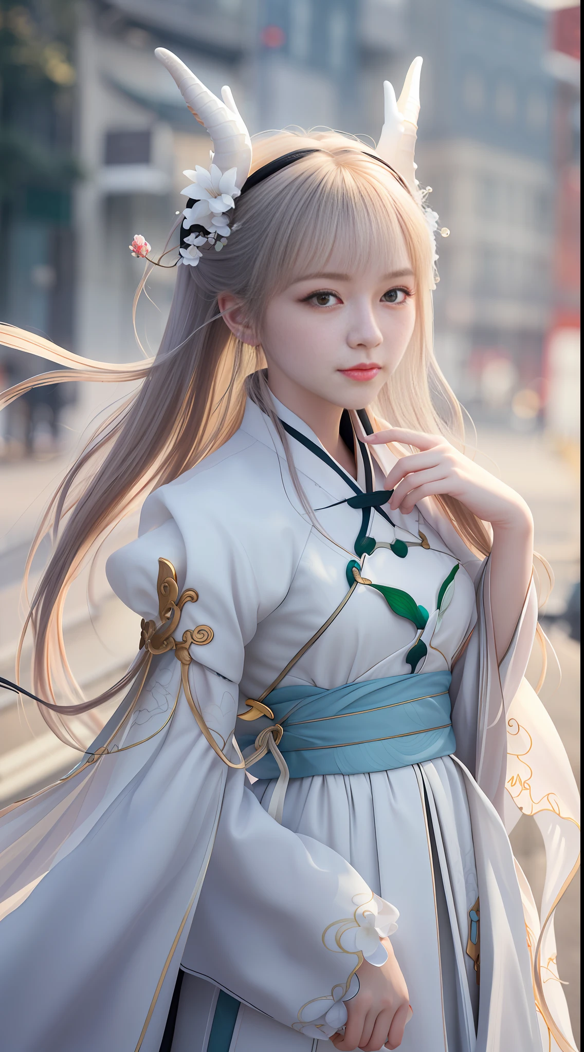 realistic,photorealistic,masterpiece,best quality,1girl,solo,(standing in street),looking at viewer,(masterpiece),(best quality),(super delicate),(extremely delicate and beautiful),(dynamic angle),white and black highlights,(Legendary Dragon Queen:1.3) (1 girl),Hanfu,(complex details) (beautiful and delicate eyes),golden eyes,delicate face,upper body,messy floating hair,messy hair,focus,perfect hands,(fantasy wind),