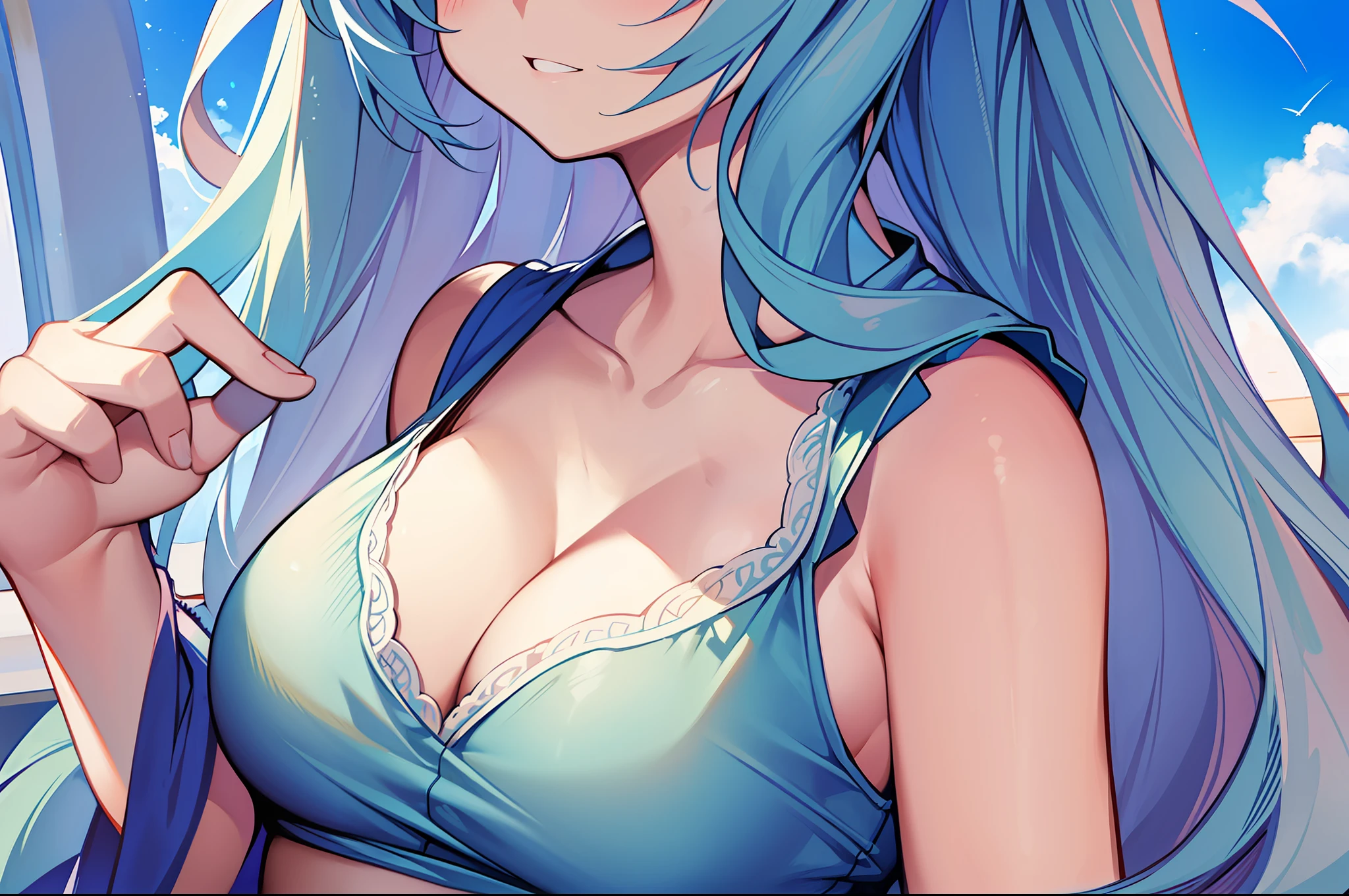 (Masterpiece), (Best Quality), Official Art, One Little Girl, Lori with Pale Light Blue Hair, One Piece, Sleeveless, Small Breasts, Cleavage, Thighs Also Focus