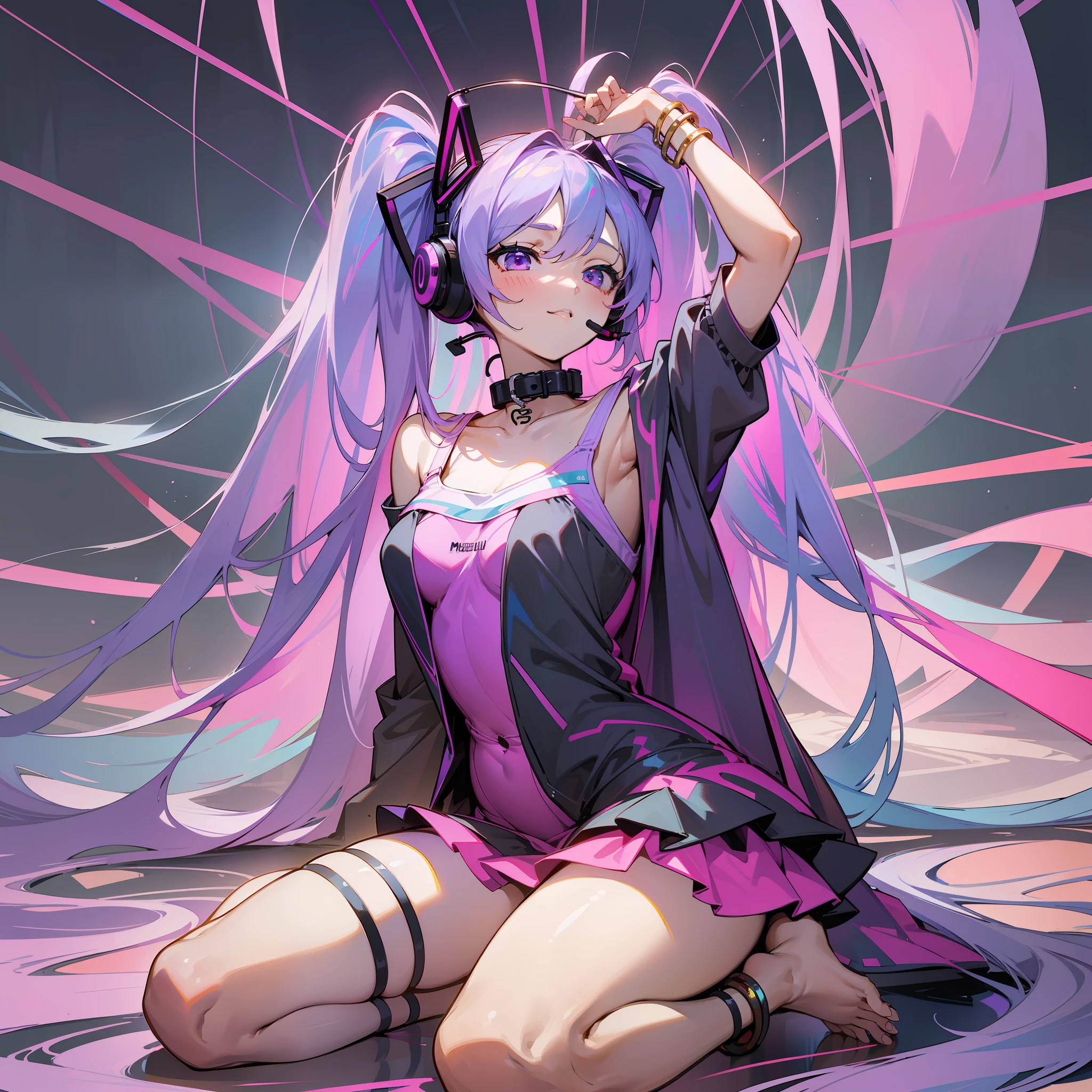 Masterpiece, Top Quality, Super Detail, One Girl, Solo, Bean (Curve: 1.1), Collar, Bangle, Bracelet, (Thigh: 1.2), Spread Your Legs, Sit, Raise Your Arms, Full Body, Anklet, Barefoot, Bed, (((Masterpiece)), (Best Quality)), Chromatic Aberration, 1girl, Solo, Skirt, Hatsune Miku, Long Hair, Thighs, Twin Tails, Kneeling, ,Headset, Purple Eyes, purple hair, full body, live venue background, very long hair, tattoo,hair ornament, wearing pink swimsuit, happy