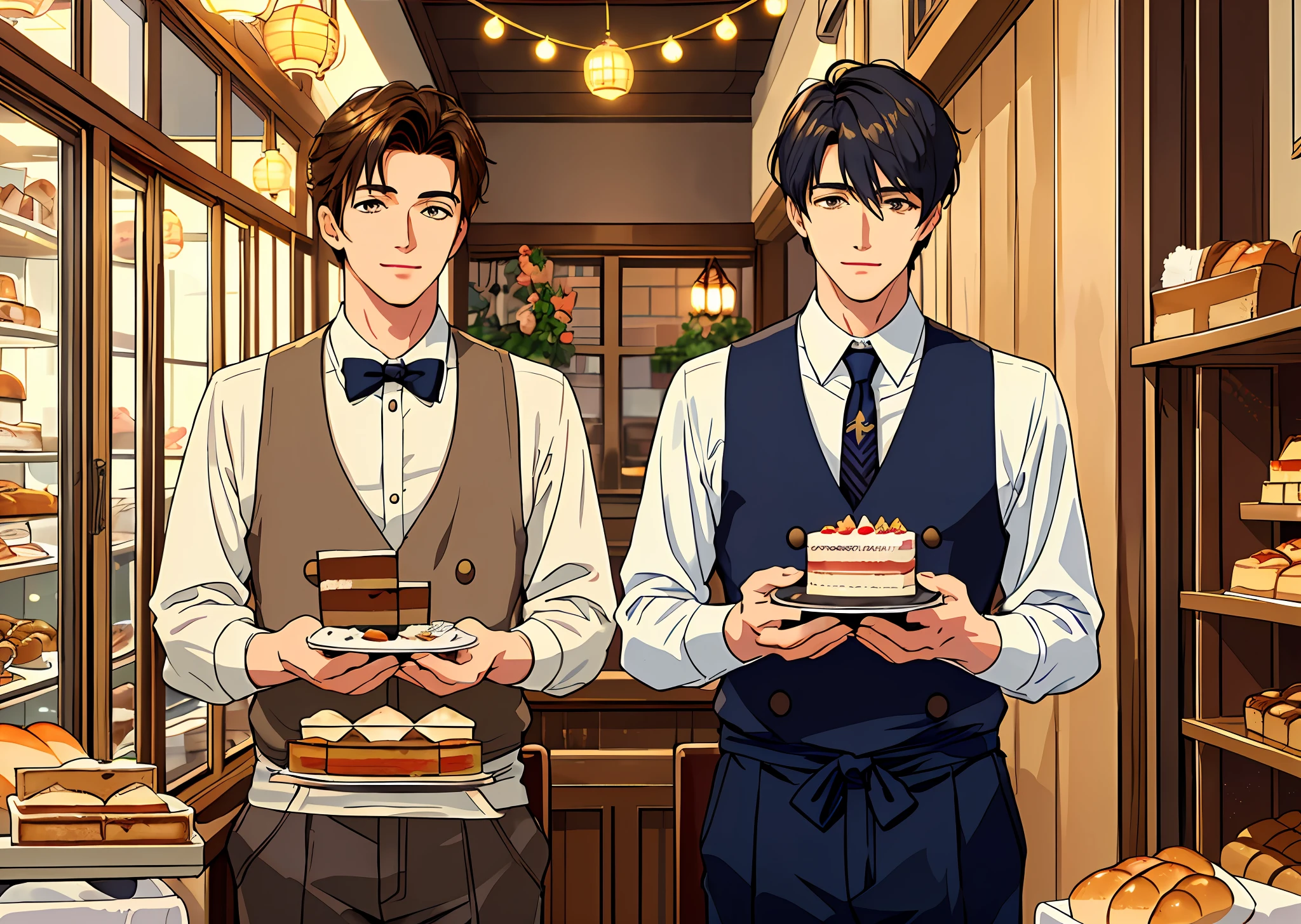 masterpiece, best quality, dreamy bakery background ( cafe background, dim fairy lights, cake and bread baskests), (( Two handsome boys, two males)), cinematic lightning, realistic 1.4, golden ratio, warm tone setting, beautiful males,( korean idol face) devilish smile, potrait