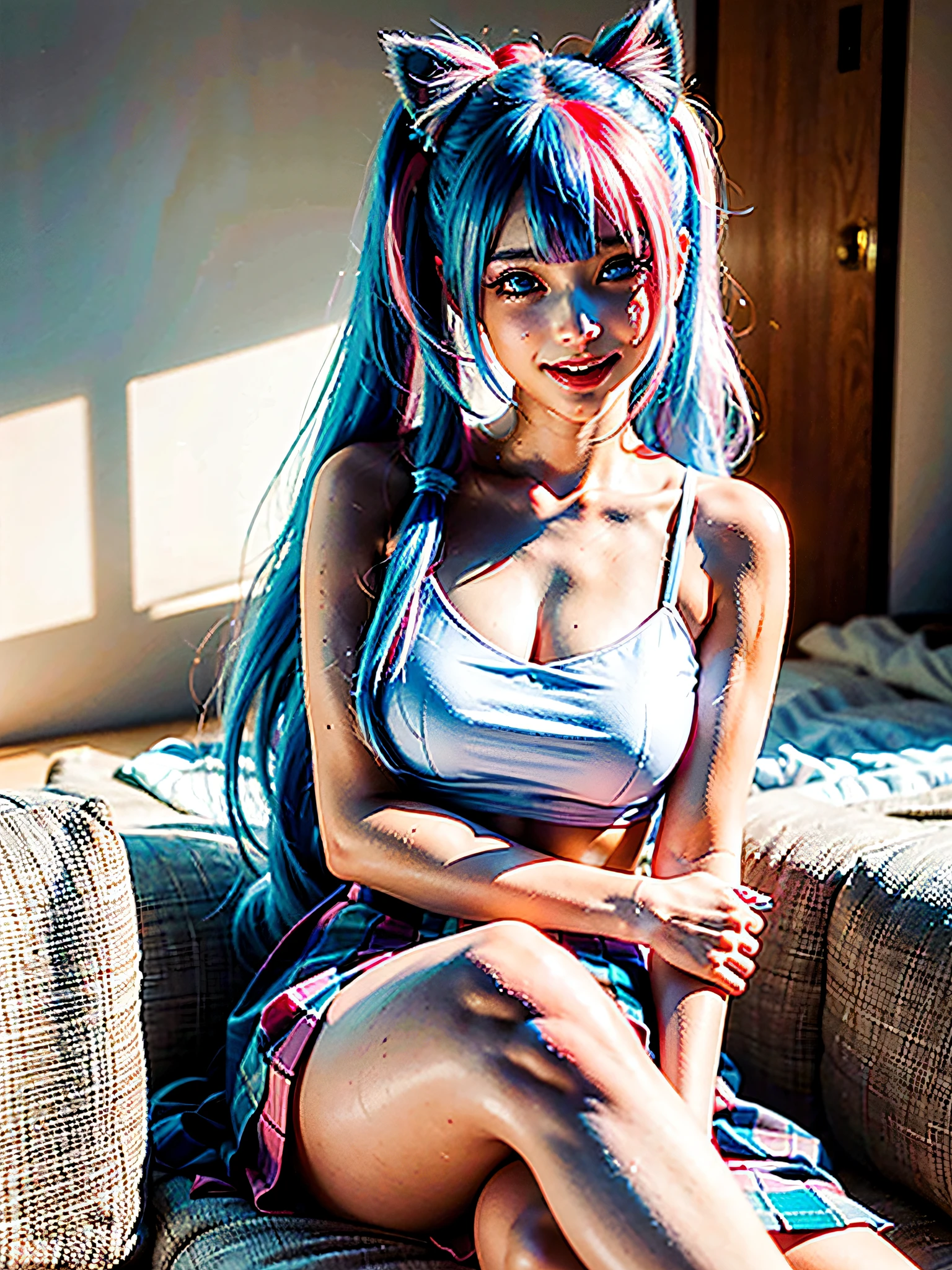 1girl, twintails, multicolored hair, hair ornament, hair over one eye, cat ears, blue eyes, blue hair, pink hair, smile, bow, solo, indoors, makeup, pleated skirt, long hair, bangs, pink nails, open mouth ,the most beautiful form of chaos, elegant, a brutalist designed, vivid colours, romanticism, atmospheric, (RAW photo, best quality), (realistic, photo-realistic:1.3), masterpiece, an extremely delicate and beautiful, extremely detailed, sitting,