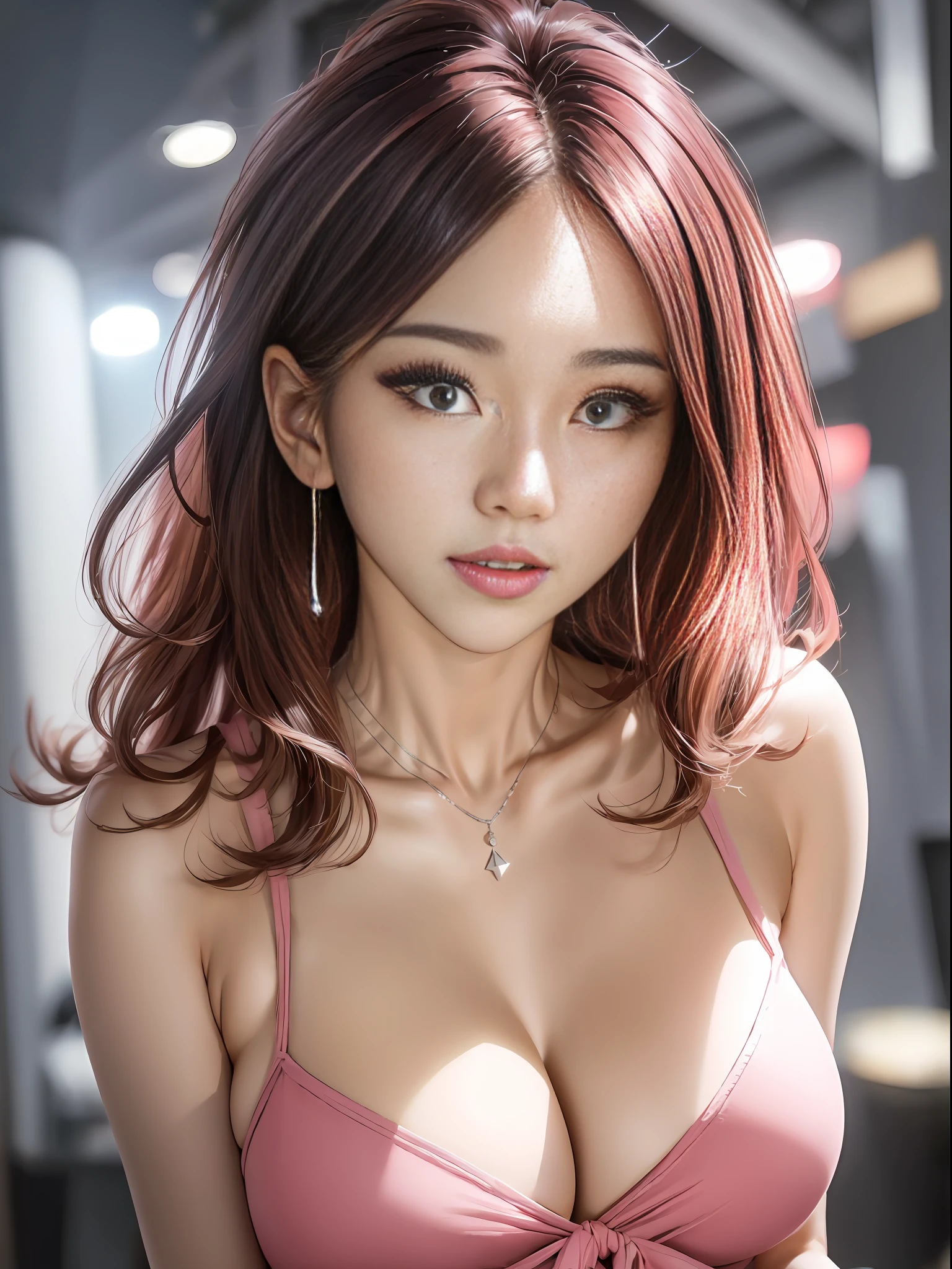 8K, RAW photo. best quality, high quality, extreme detail photo, extreme detail eyes, extreme detail face, extreme detail hair, (photoshoot lighting: 1.3), professional photoshoot, 1girl, kawaii japan woman, puffy eyes, big eyes, good shape eyes. brown eyes, gorgeous hair, caramel hair color, shaggy hair, good lips, small lips, pink lips, (medium breast:1.4), good breast, natural makeup, full body, attractive pose, smartwatch, necklace, earrings, yellow dress, garden, rain, neon sign, people in background